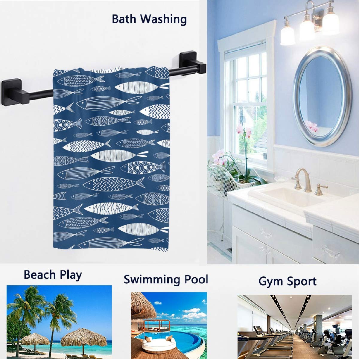 Premium Absorbent Fish Design Bath Towel - Soft Large Hand Towels for Bathroom, Hotel, Gym & Spa - 16