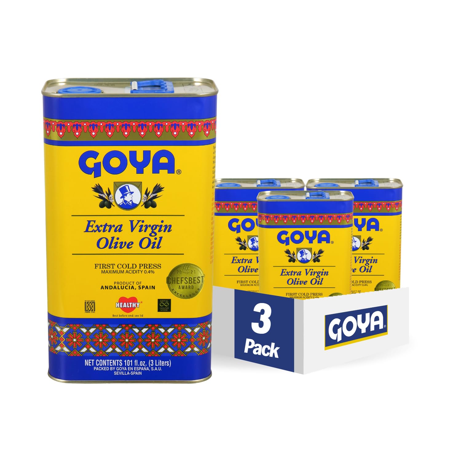 Goya Foods Extra Virgin Olive Oil - 3 Liter Tin (Pack of 3) | Premium Cooking Oil for Salads, Pasta & Mediterranean Dishes | Healthy & Natural Olive Oil for Home & Restaurant Use