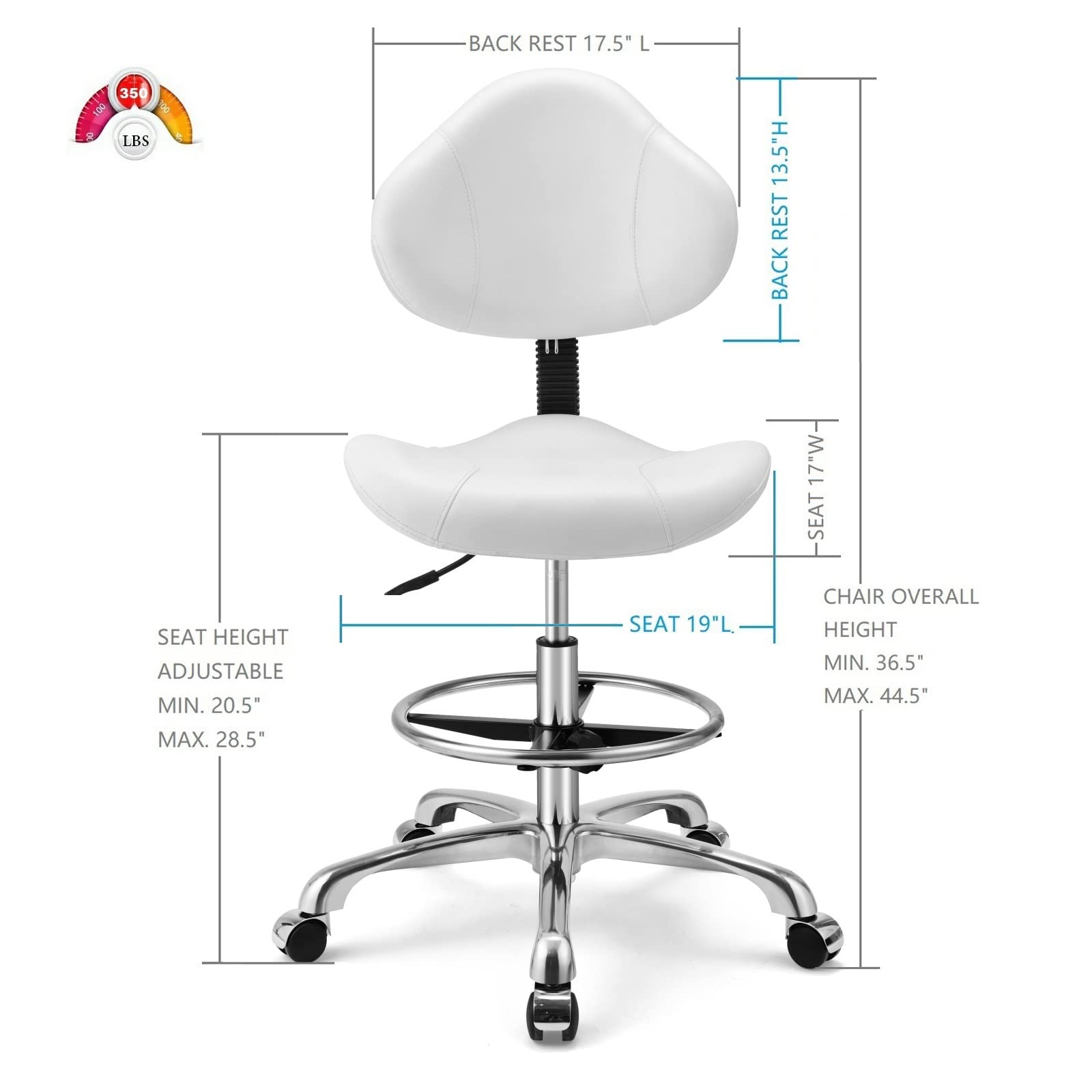 Ergonomic Drafting Chair with Lumbar Support - Adjustable Height Swivel Rolling Stool for Home Office, Studio & Craft Room - White Multi-Functional Desk Chair for Artists, Architects & Designers