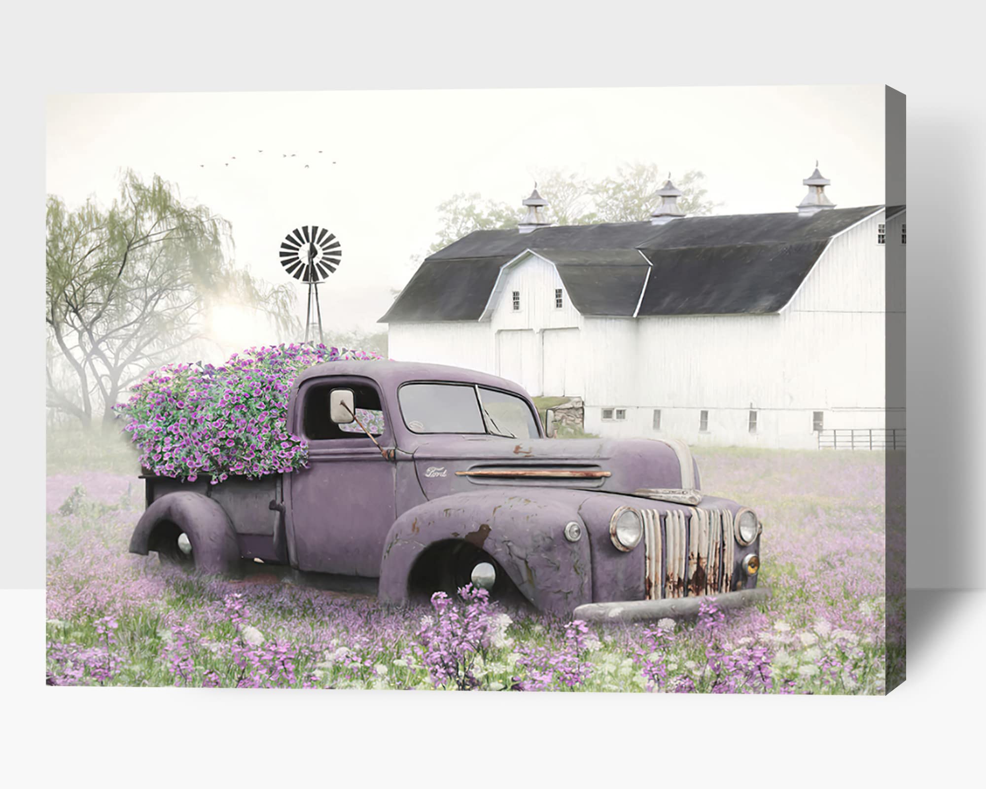 TIMUBA Vintage Truck Canvas Wall Art - Rustic Farmhouse Decor with Lavender Flowers Sunset Painting, 28x40 Inch Country Landscape Print for Living Room, Bedroom & Office | Perfect for Home, Cabin & Farmhouse Decor
