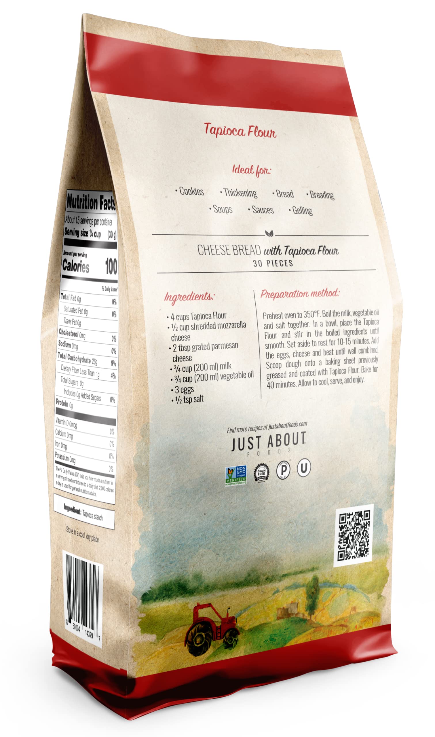 Just About Foods Tapioca Flour 1 lb - Gluten Free, Kosher Certified, No Artificial Flavors - Pack of 2 - Perfect for Baking, Thickening Sauces & Making Bubble Tea