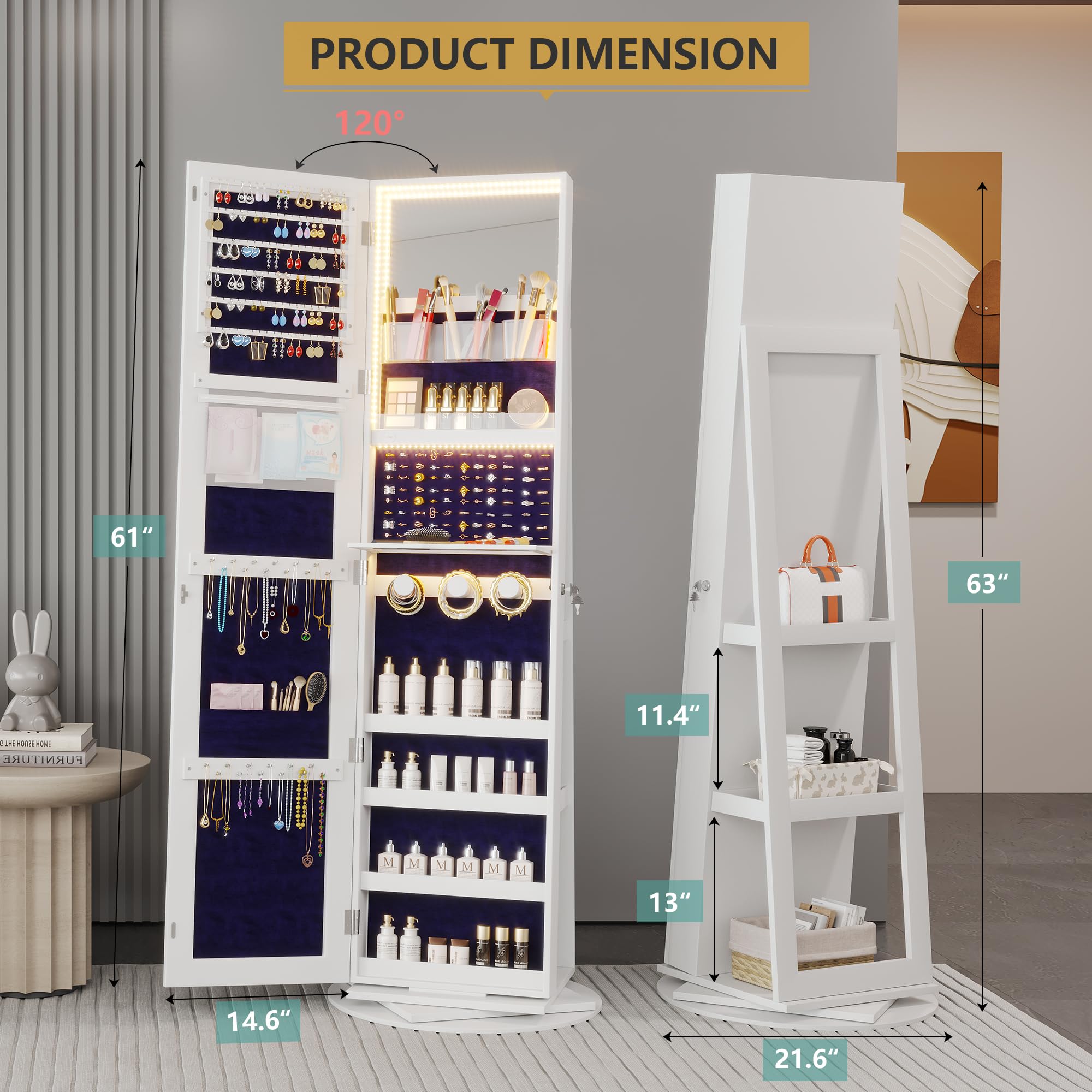 Vlsrka LED Jewelry Armoire with Full Length Mirror - 360° Rotating Standing Jewelry Cabinet with Lock, Inner Makeup Mirror & Soft Velvet Lining - Large Jewelry Organizer for Necklaces, Rings, Earrings - Perfect for Bedroom, Living Room & Dressing Room Decor