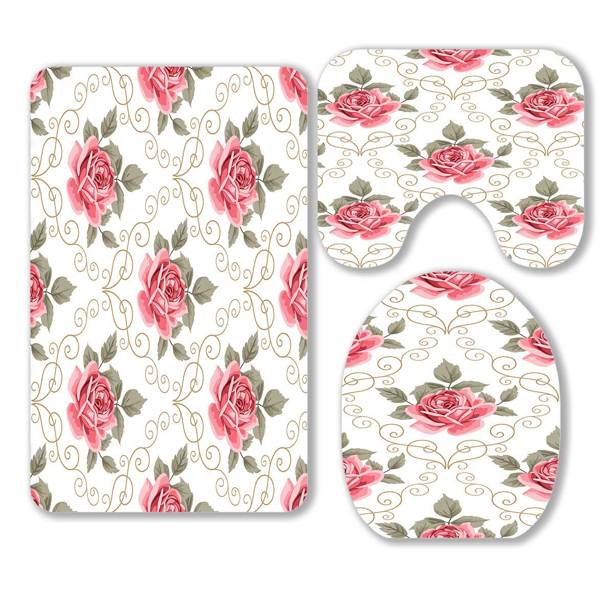 Pink Roses Curly White Retro 3-Piece Bathroom Rug Set - Non-Slip Bath Mat, Contour Mat & Toilet Lid Cover - Soft Floral Decor for Vintage Style Bathrooms, Guest Baths & Powder Rooms