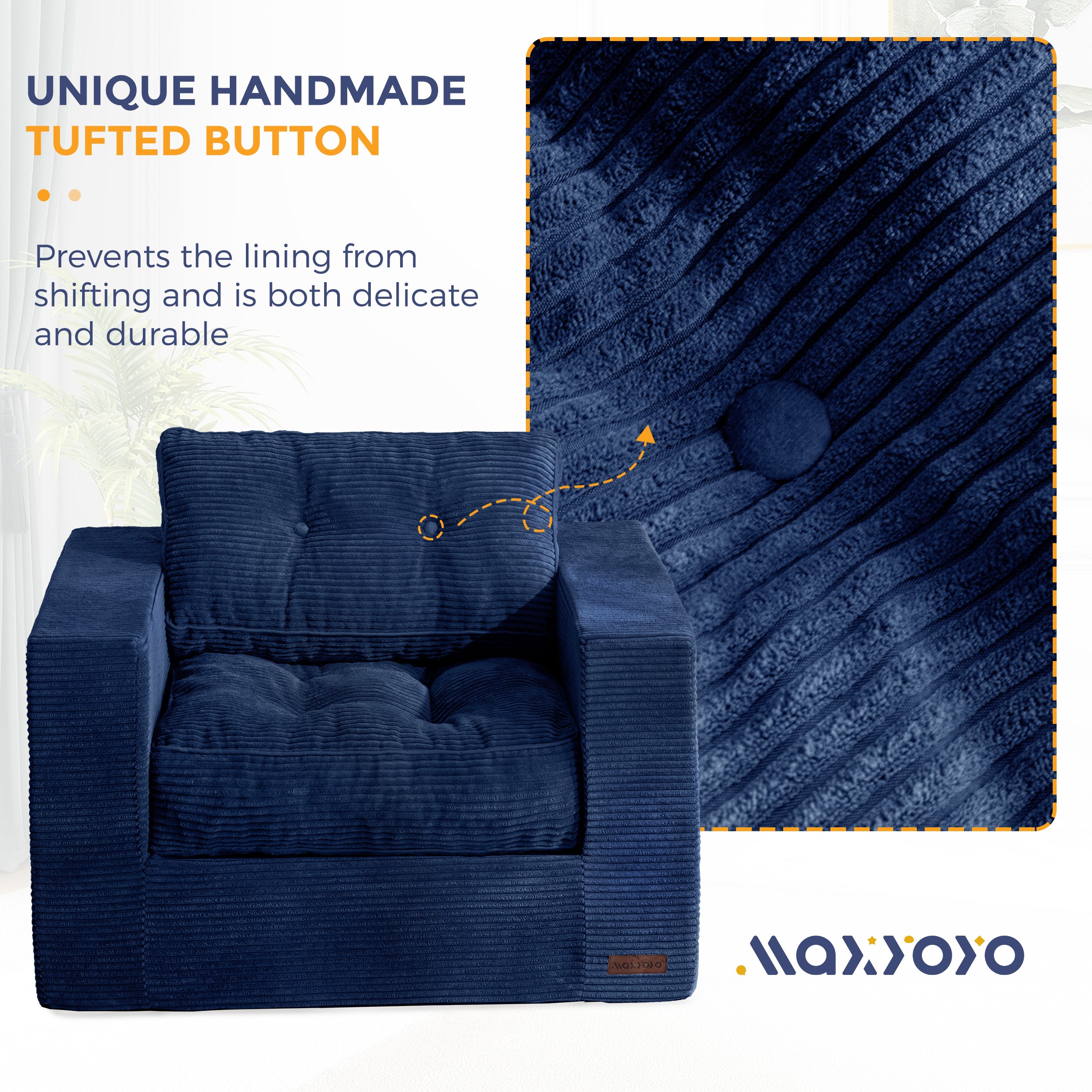 MAXYOYO Premium Bean Bag Chair for Adults - Soft Upholstered Floor Sofa with Armrests, Tufted Cushion & Backrest, Easy Assembly Sofa in A Box - Large Comfortable Bean Bag Couch for Bedroom, Living Room, Dorm, Office & Game Room - Navy Blue