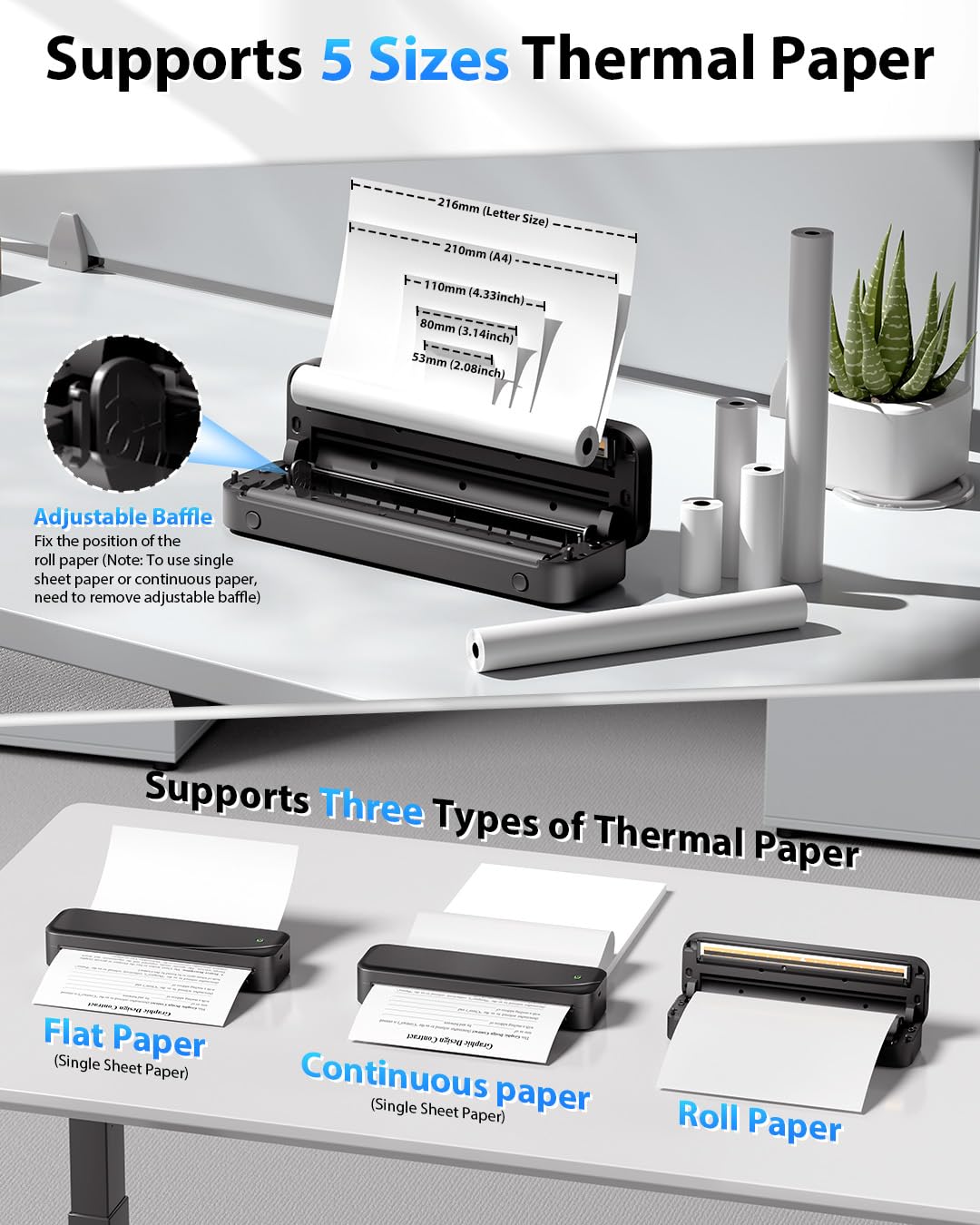Memoking M833 A4 Thermal Printer - Portable Bluetooth Printer, 304 DPI High Resolution, Compatible with A4/A5/A6/4x6/3x5 Paper Sizes for Office, Home & Photo Printing (Works with Phone, Tablet & PC) - Perfect for Receipts, Labels, Documents & Instant Photos