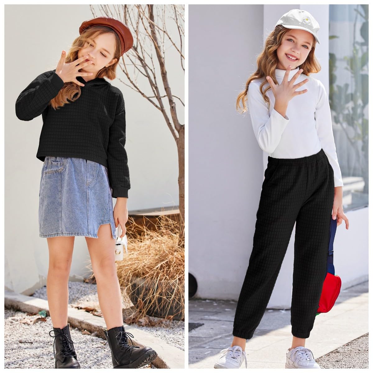 Arshiner Girls 2-Piece Waffle Knit Hoodie and Sweatpants Set - Long Sleeve Pullover Tracksuit Outfit for Kids - Perfect for School, Playdates & Casual Wear