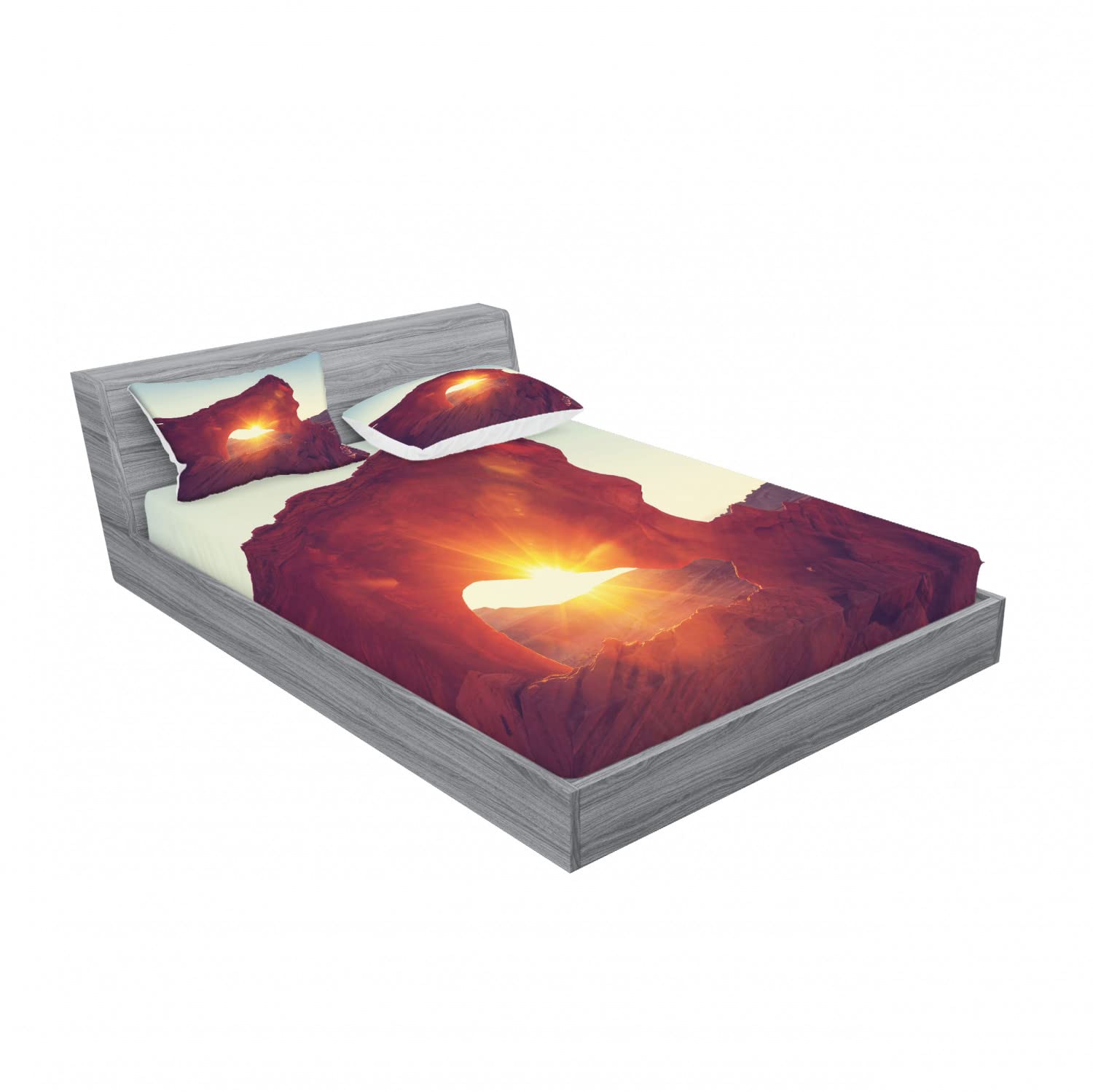 Ambesonne 2-Pack Fitted Sheet & Pillow Sham Set - Sunrise American Desert Design, 4-Piece Bedding Set (2 Fitted Sheets & 4 Pillow Covers), Orange - Perfect for Desert-Themed Bedroom Decor & Southwestern Style Home Decor