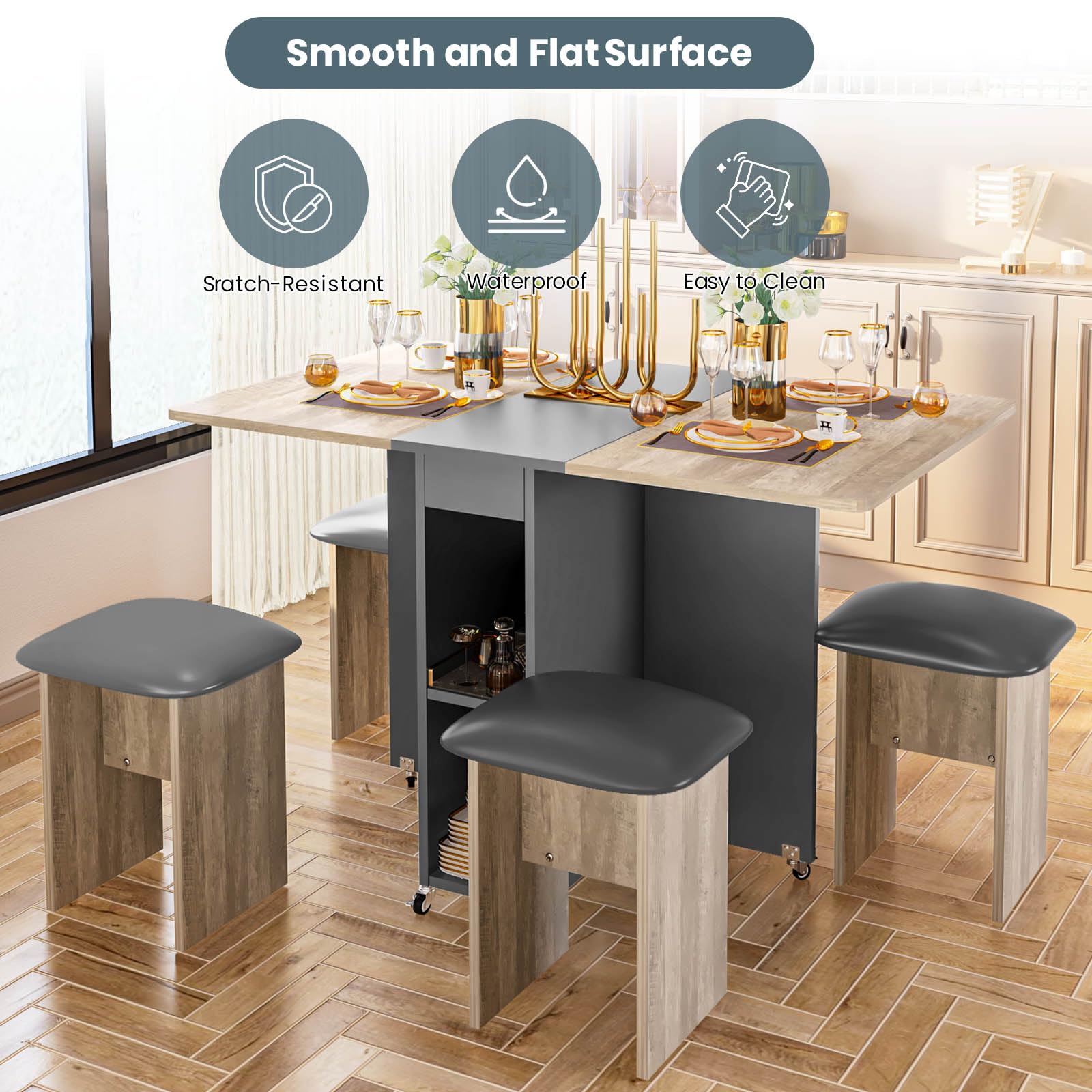 Space-Saving 4-Person Folding Dining Table Set with 4 Leather Chairs & Storage Shelves - Foldable Kitchen Table with 6 Wheels for Small Apartments (Grey) | Perfect for Compact Homes, Studio Apartments & Multi-Functional Spaces