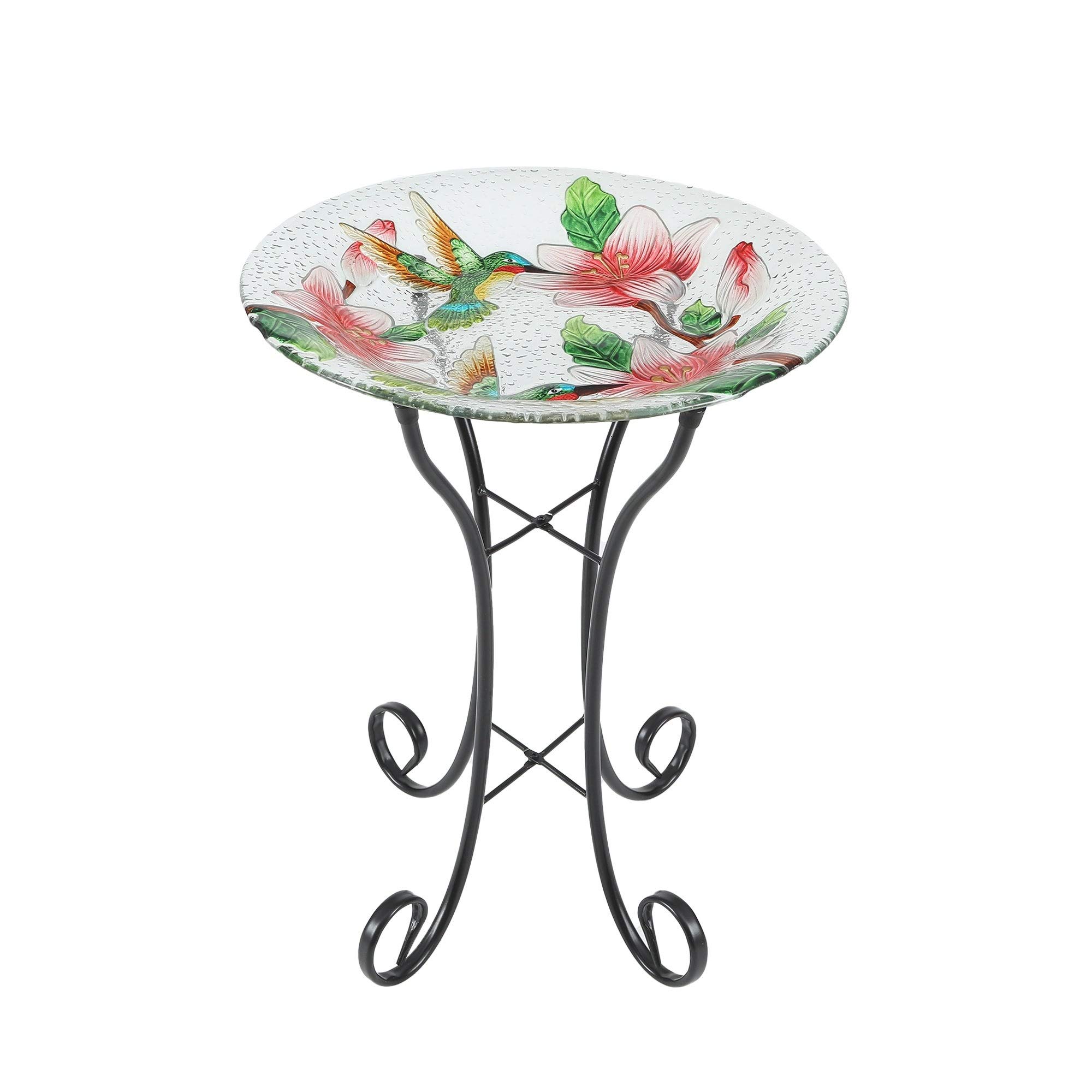 Hummingbird Glass Bird Bath with Metal Stand - Green, Red, White Medium Size for Garden Decor, Outdoor Patio, and Backyard Wildlife Attraction