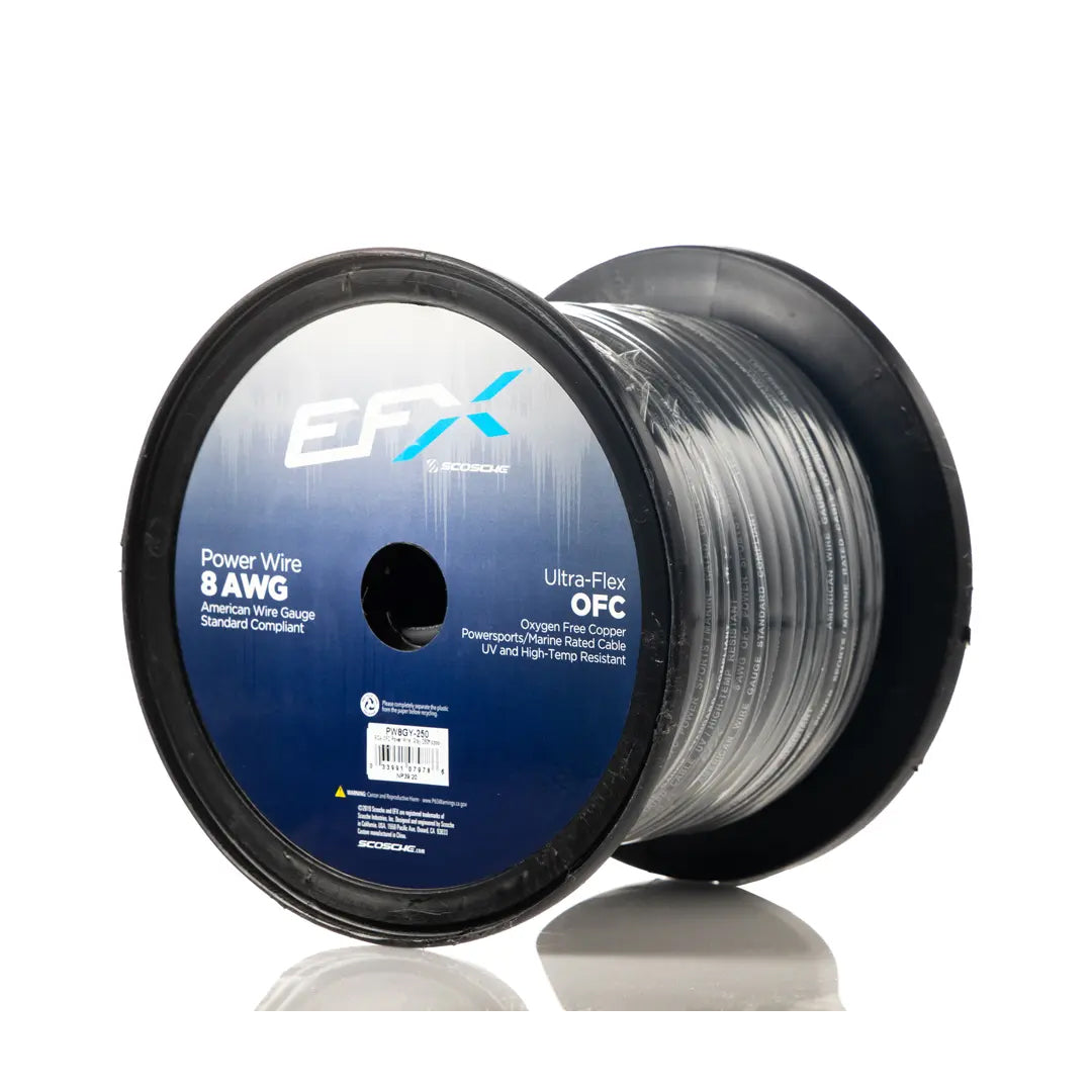 Scosche EFX PW8GY 250 8 Gauge OFC Power Wire - 250ft Spool Gray | High-Performance Car Audio & Marine Wiring for Amplifiers, Subwoofers, and Stereo Systems
