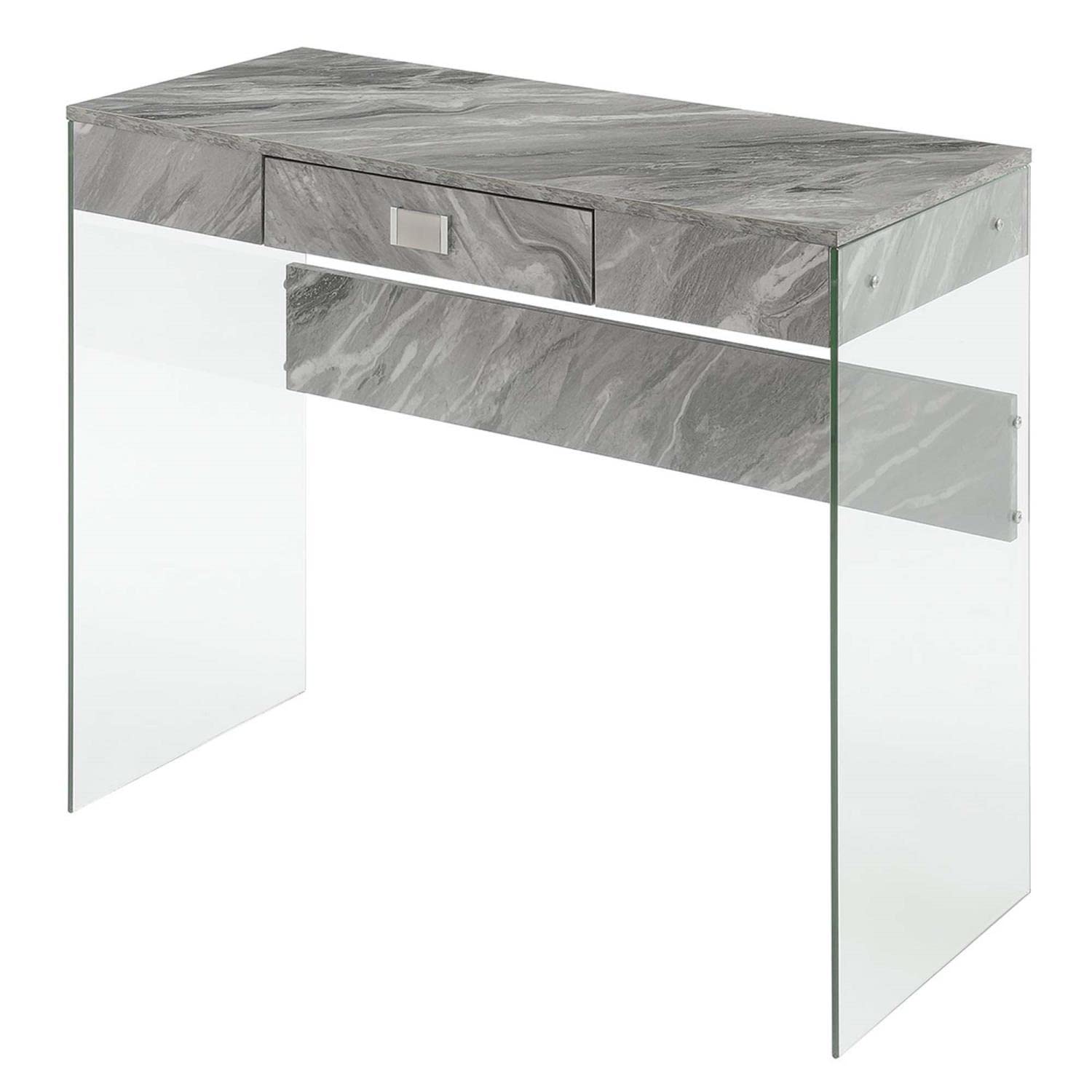 Convenience Concepts SoHo 36-inch Glass Desk with 1 Drawer - Gray Faux Marble & Glass Top - Perfect for Home Office, Study Room & Modern Workspace