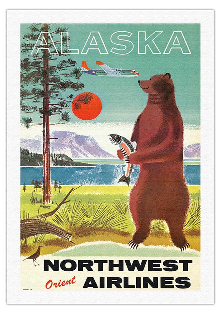 Vintage 1960s Alaska Northwest Orient Airlines Travel Poster - Kodiak Alaskan Brown Grizzly Bear Fine Art Canvas Print 27x40 Inches - Perfect for Home Decor, Office Wall Art & Aviation Enthusiast Gifts