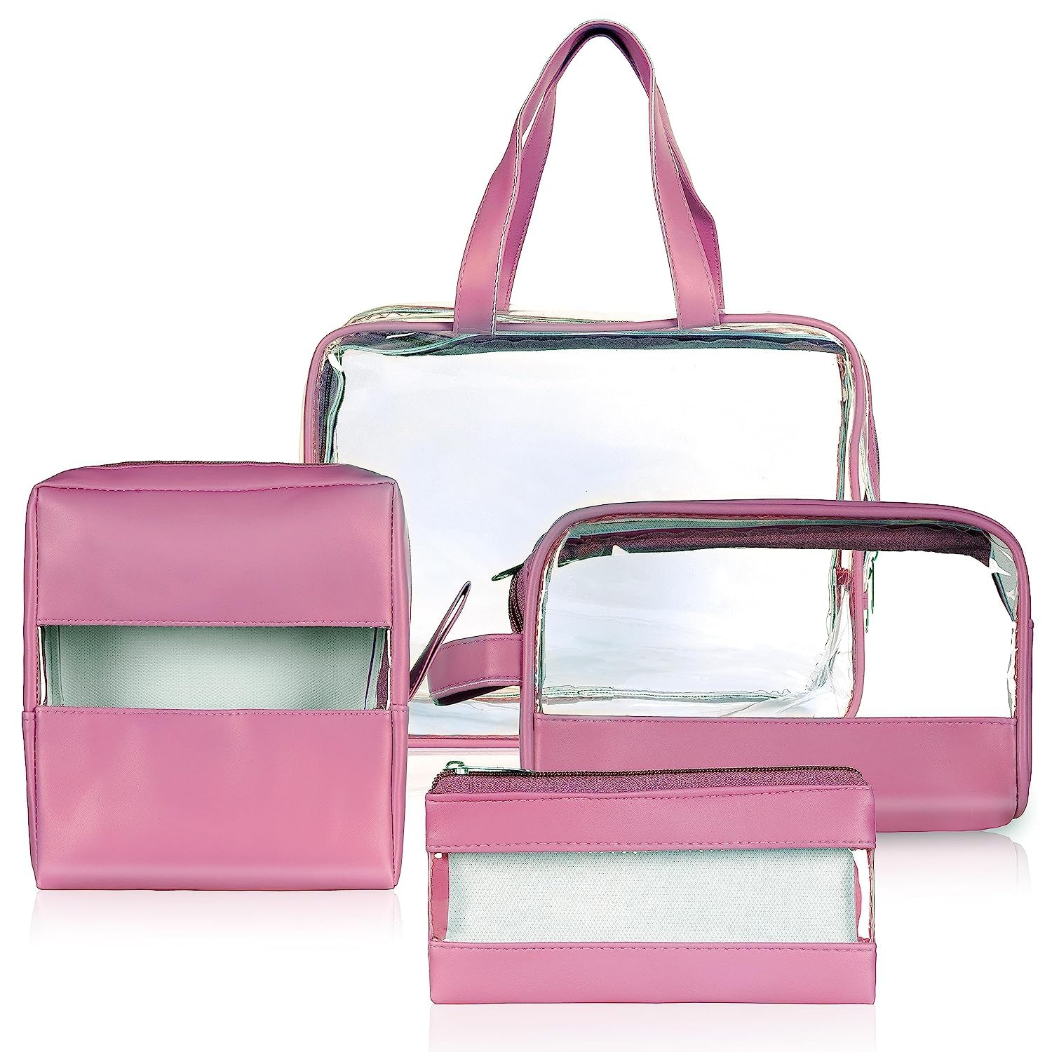 Hexwell 4-Piece Travel Cosmetic Organizer Set - Waterproof Makeup & Toiletry Pouch Bag for Women, Men & Girls (Pink) - Perfect for Airplane Carry-On, Gym, Camping & Vacation Essentials Storage