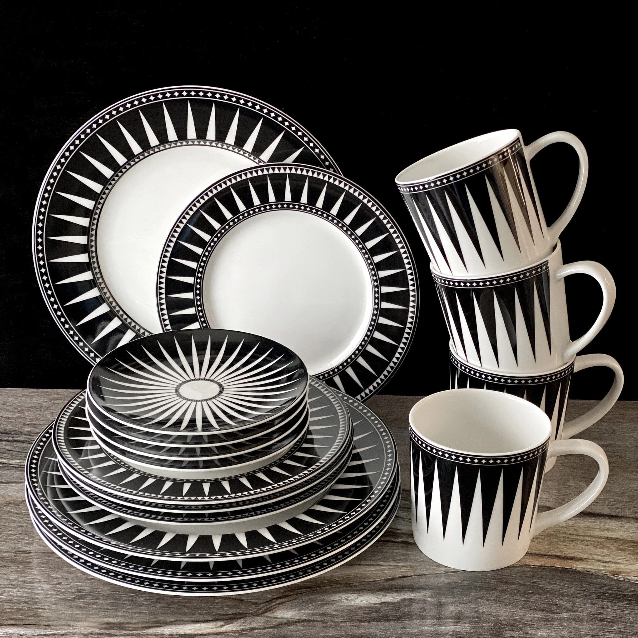 Premium Black Burst Bone China Dinnerware Set - 16-Piece Elegant Porcelain Tableware for Formal Dining, Holidays & Special Occasions