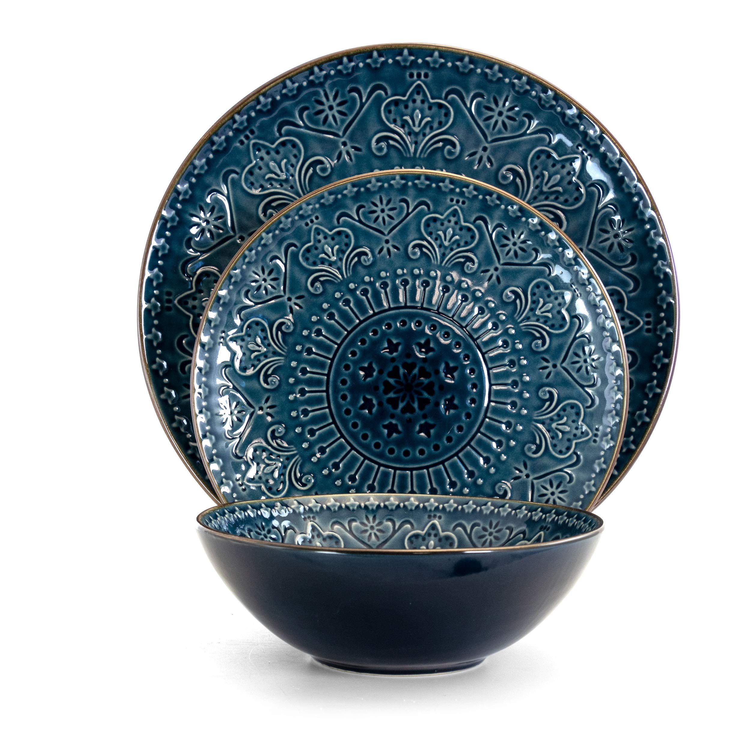 Elama Deep Sea Mosaic 16-Piece Stoneware Dinnerware Set - Elegant Dinner Plates, Bowls, Mugs & Serving Dishes for 4 - Perfect for Family Dinners, Entertaining Guests & Holiday Gatherings