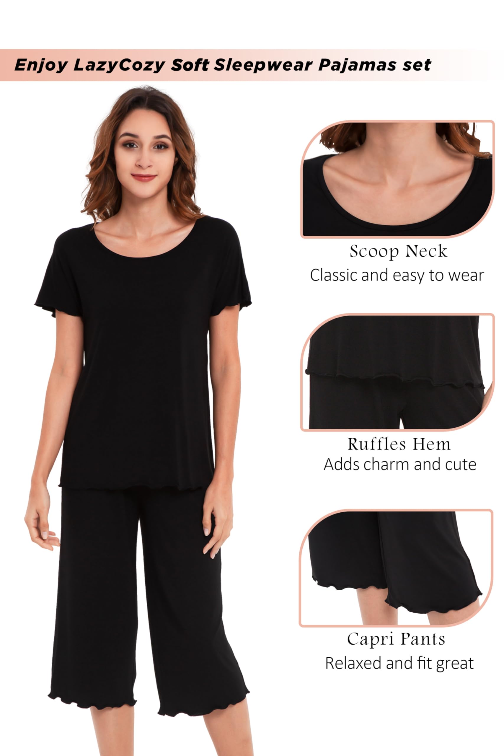 LazyCozy Women's Bamboo Viscose Pajama Set - Short Sleeve Top & Capri Pants Sleepwear - Soft 2-Piece Lounge Set for Comfortable Sleep & Relaxation at Home