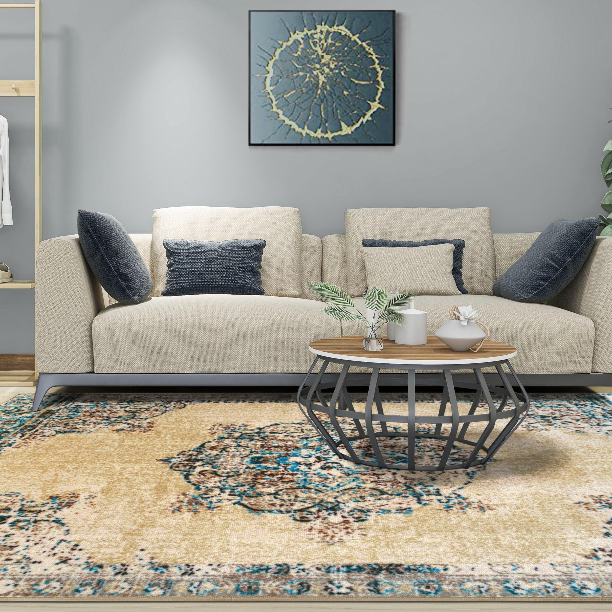Premium Leura Persian Medallion Washable Area Rug - Non-Slip Foam Backing, Cream 8' x 10' - Perfect for Living Room, Bedroom, Office, Kitchen & Dining Room Decor | Decklan Collection | Easy to Clean & Maintain