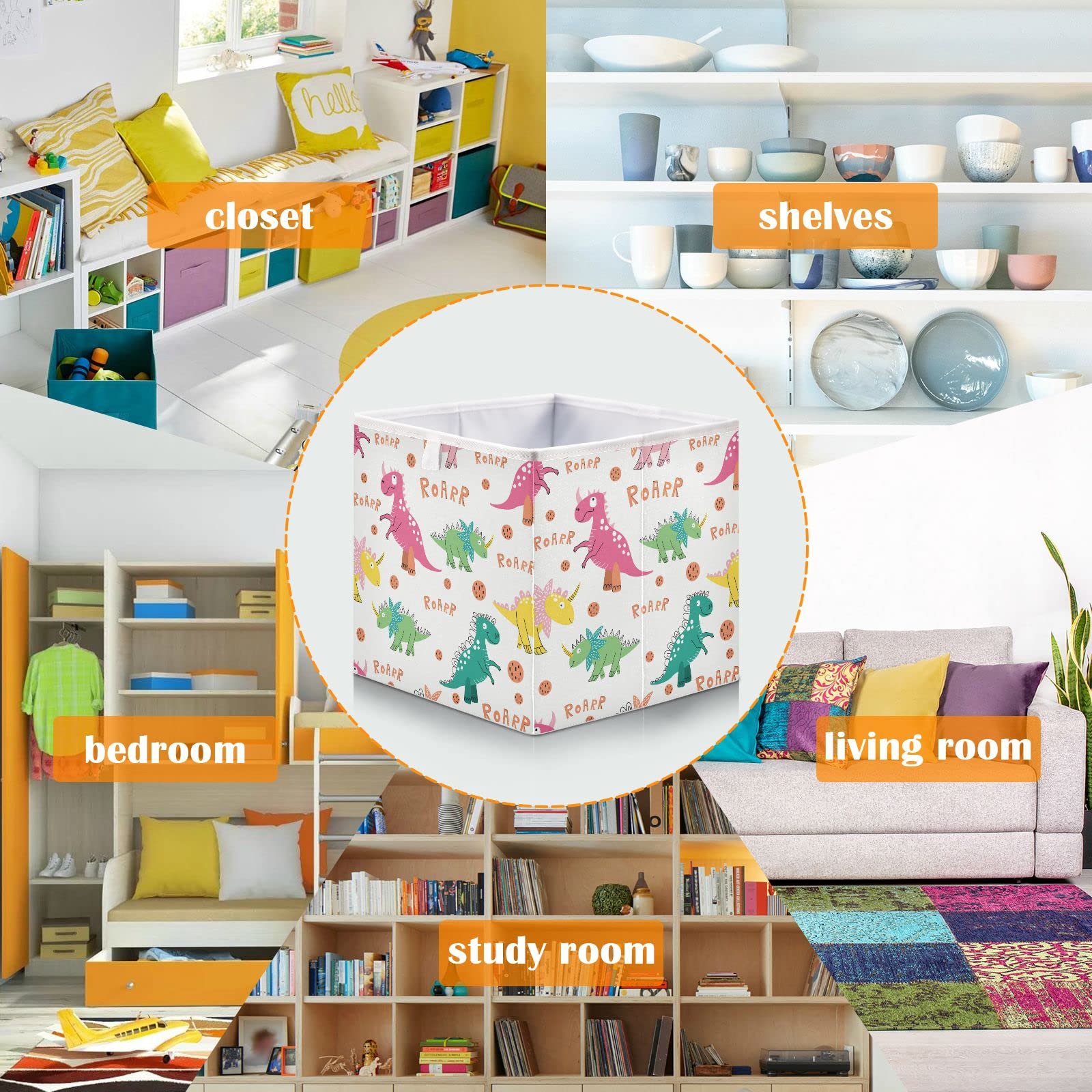 Bolaz Pink Green Yellow Dinosaur Storage Cubes - Foldable Fabric Bins for Kids Room, Closet & Toy Organization | Perfect for Nursery, Playroom & Home Decor