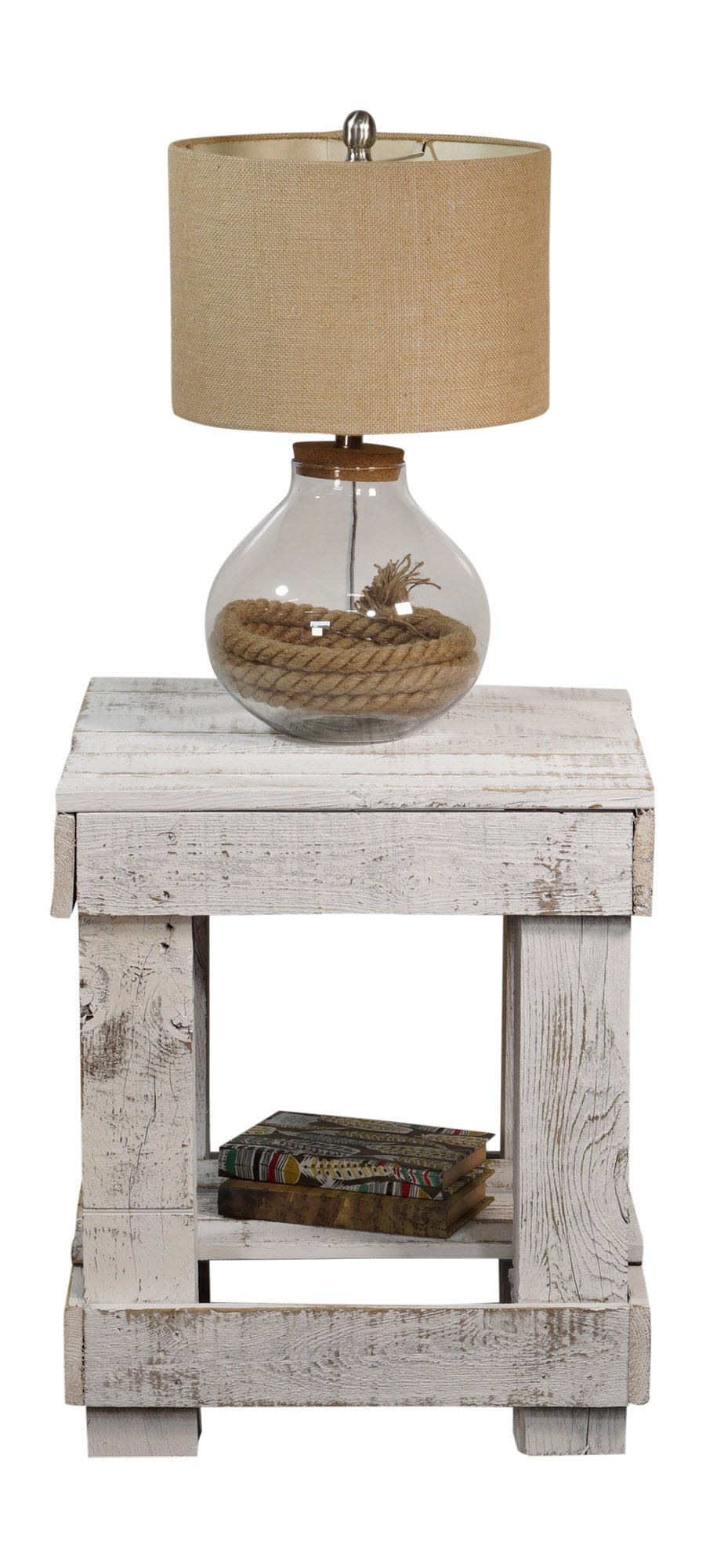 Reclaimed Wood End Table for Living Room - White Distressed Finish | Rustic Side Table for Sofa, Bedroom & Home Decor | Farmhouse Style Coffee Table Accent