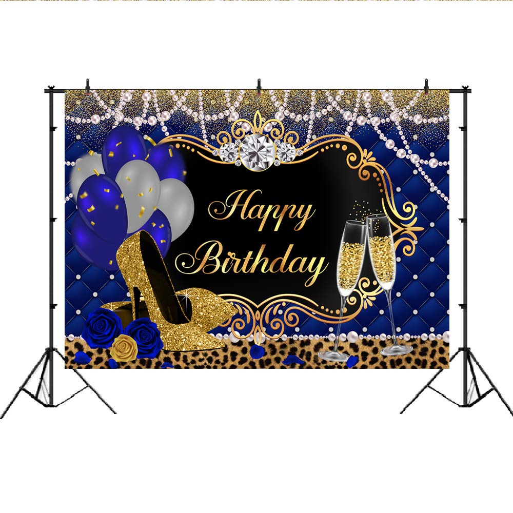 Lofaris Gold & Royal Blue Birthday Backdrop - Elegant Happy Birthday Party Background with High Heels, Balloons & Pearl Leopard Decor - Perfect for Women's Birthday Parties, Baby Showers & Special Events (7x5ft)