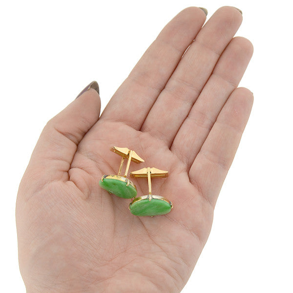Vintage Chinese 14K Gold & Silver Gilt Carved Jade Cufflinks - Elegant Men's Jewelry for Weddings, Business & Formal Occasions
