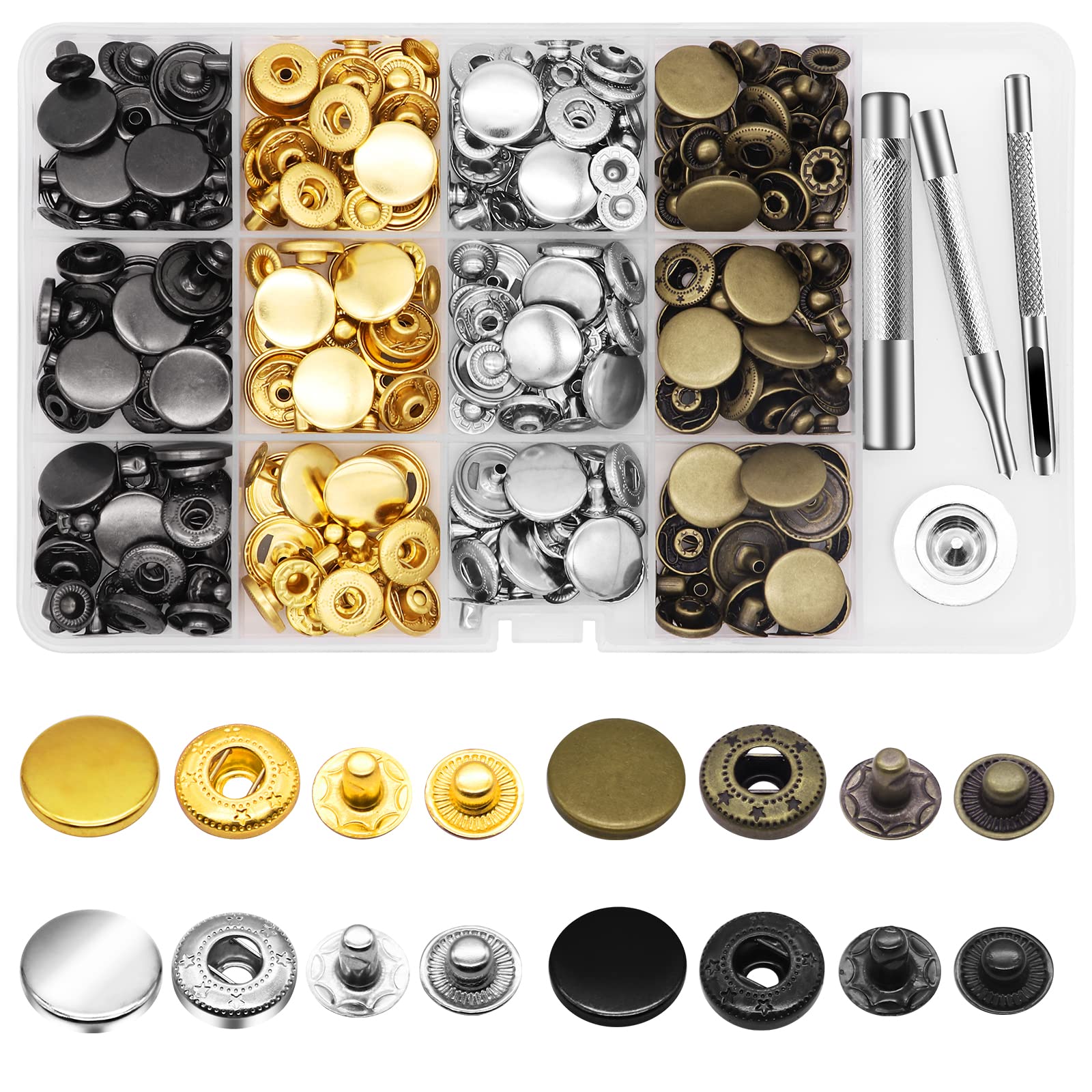 Alritz 17mm Leather Snap Fasteners Kit - 72 Set Metal Button Snaps Press Studs with 4 Setter Tools - 6 Colors for Clothing, Jackets, Jeans, Bracelets & Bags - Perfect for DIY Crafts, Fashion Design & Leatherworking Projects