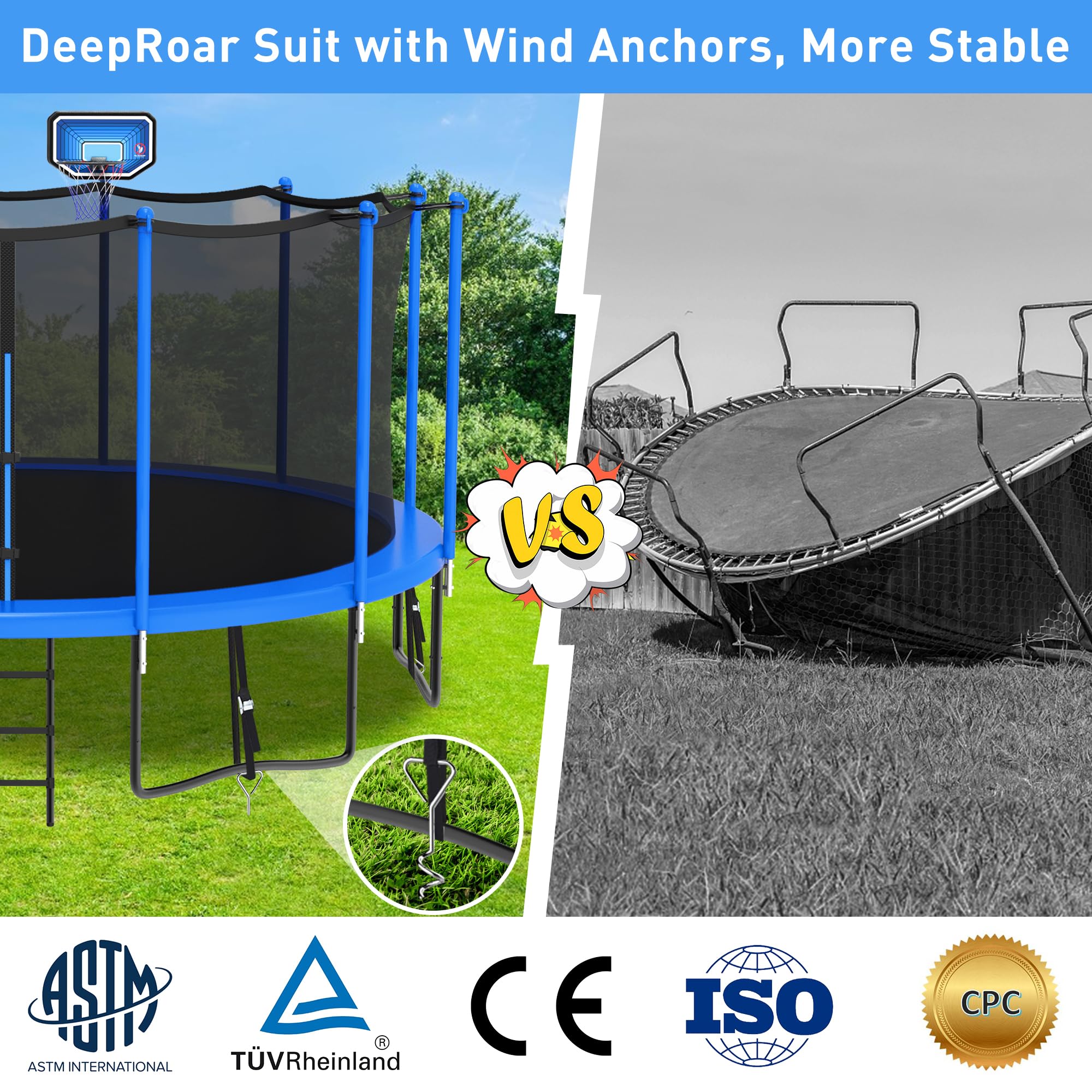 DeepRoar Trampoline for Kids & Adults - 1500LBS Capacity, 8FT to 16FT Sizes with Basketball Hoop, Safety Enclosure Net & LED Lights | Heavy Duty Outdoor Trampoline with Sprinkler, Socks & ASTM Certification | Perfect for Backyard Fun, Exercise & Family Bonding