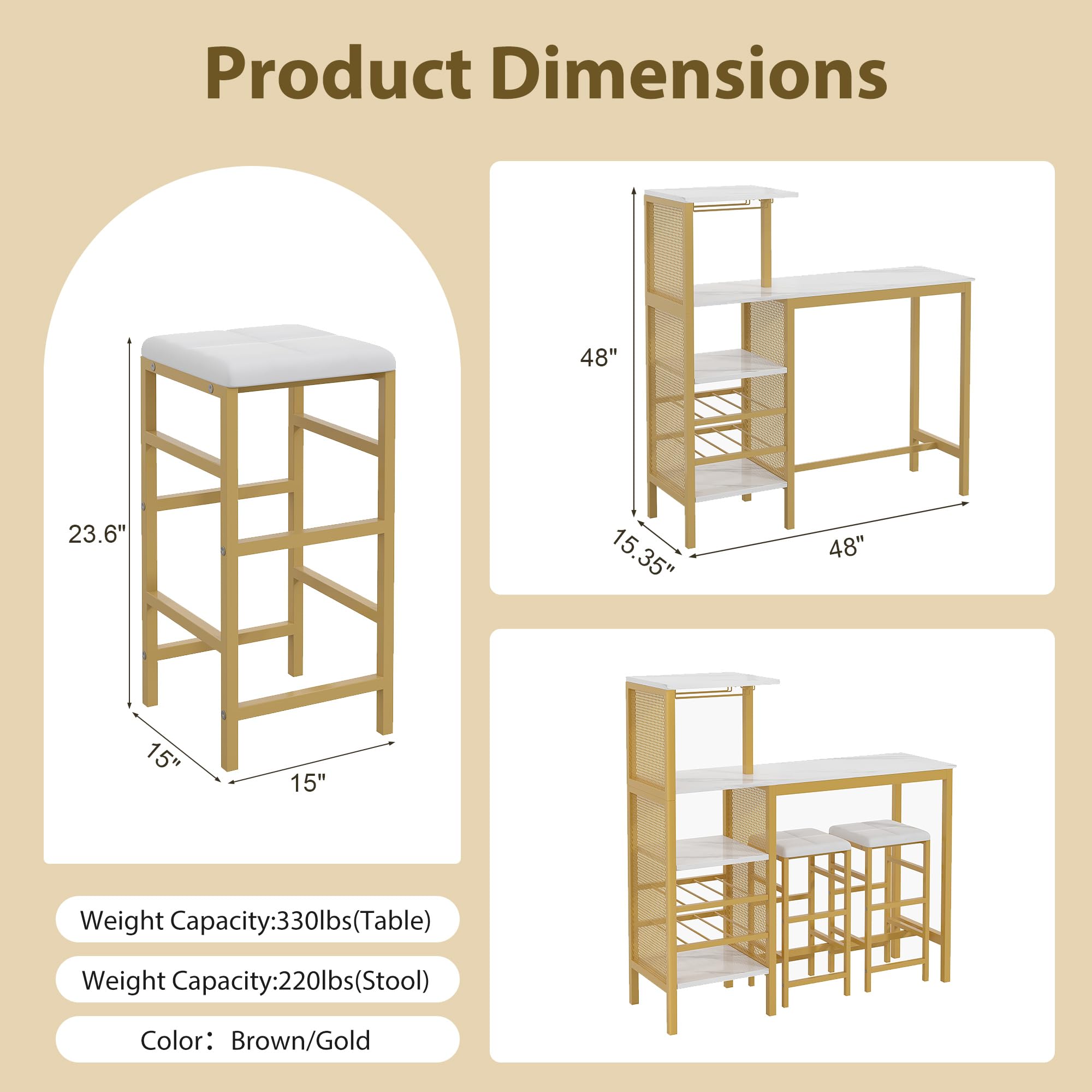 VECELO 3-Piece Bar Table and Chairs Set with Storage Shelves, Cup Holder & Wine Rack - PU Leather Cushion Stools for Small Space Kitchen, Gold - Perfect for Breakfast Nook, Apartment Balcony or Compact Dining Area