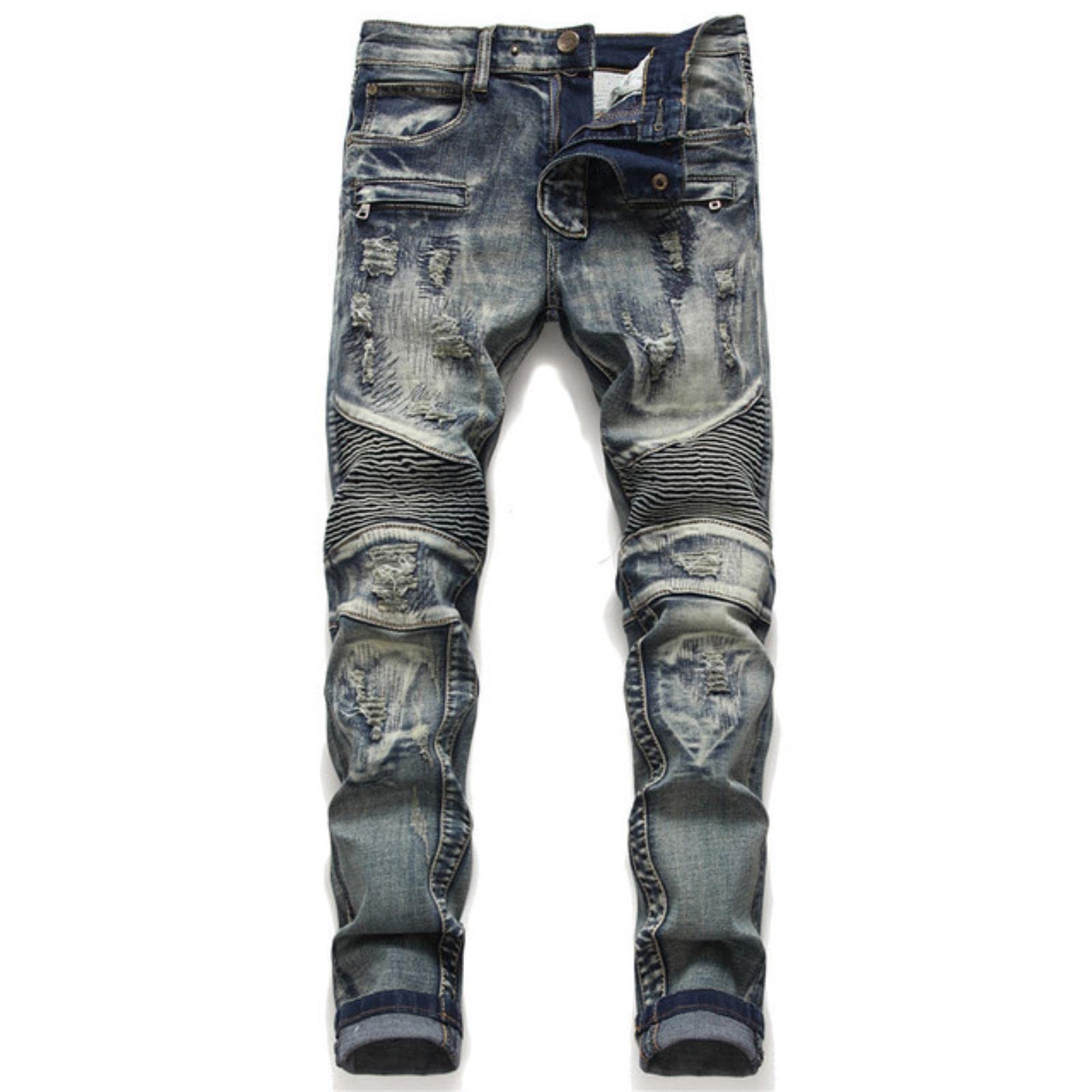 WoJogom Men's Slim Fit Biker Jeans - Skinny Motorcycle Denim Pants with Ripped & Destroyed Details for Autumn - Perfect for Riding, Casual Wear & Street Style