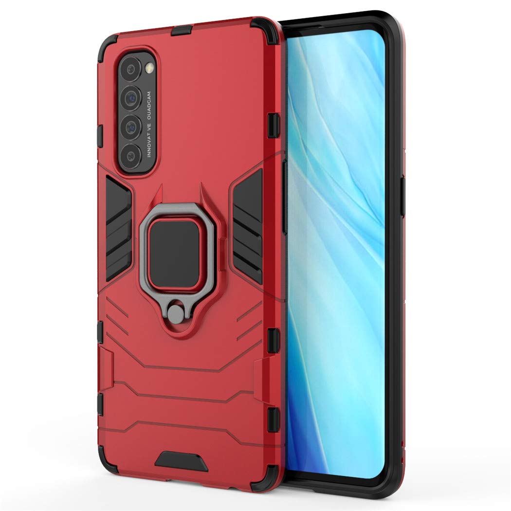 LuluMain Shockproof Hard Bumper Case for Oppo Reno 4 Pro 4G - Metal Ring Grip & Kickstand, Magnetic Car Mount Compatible, Dual Layer Rugged Cover (Red) - Perfect for Outdoor Activities, Travel, and Daily Protection