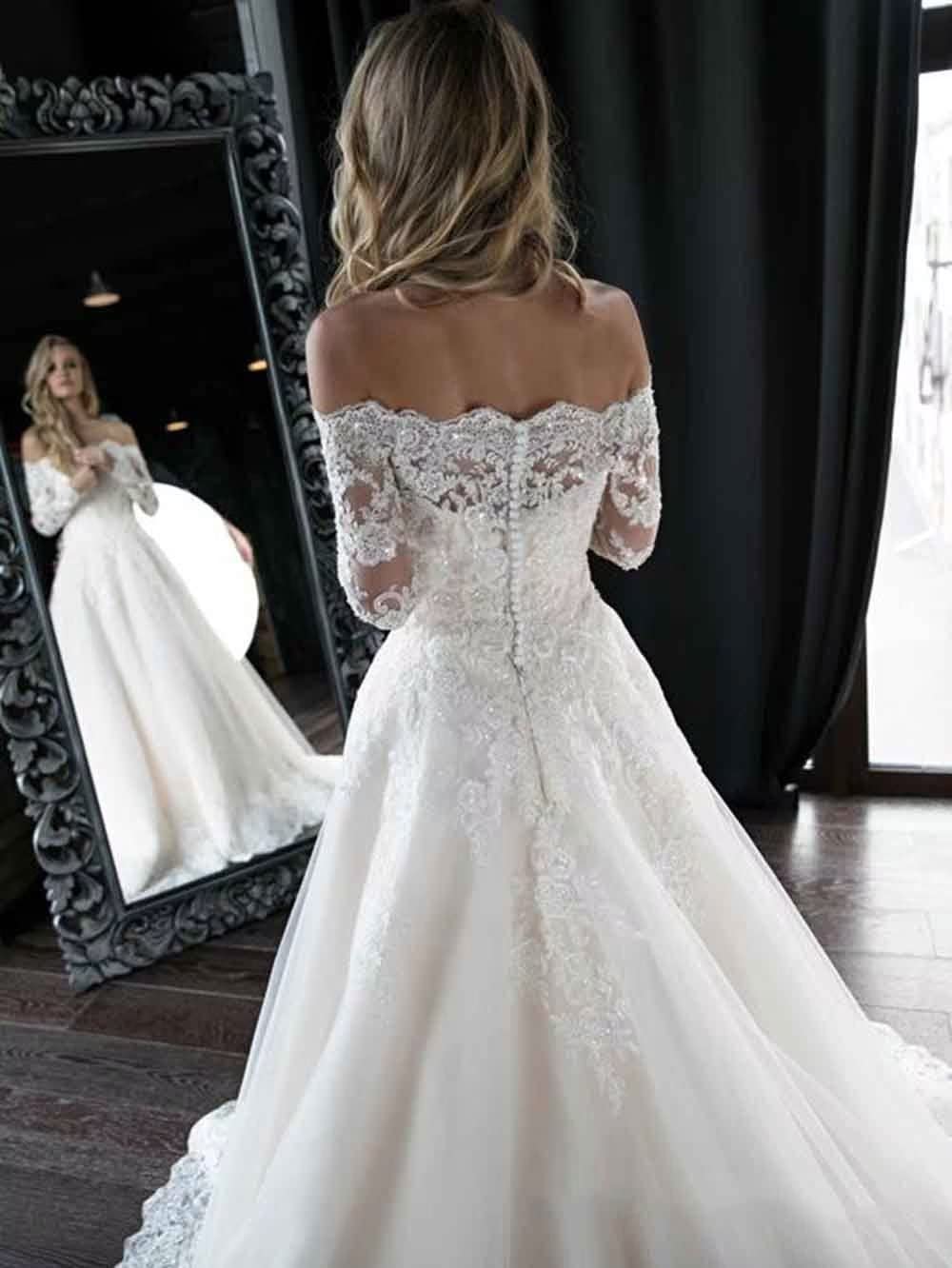 Off Shoulder Long Sleeve Beaded Lace Wedding Dress for Bride - Elegant A-Line Bridal Gown for Women | Perfect for Church, Beach, and Garden Weddings