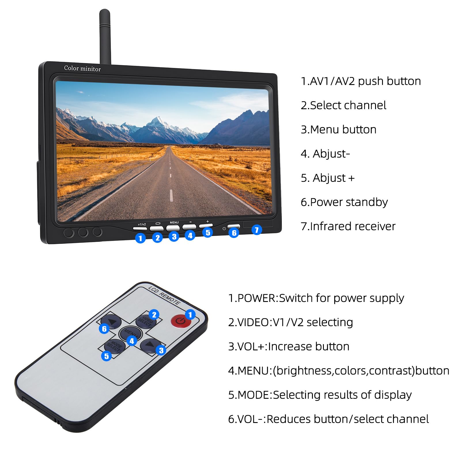 Liehuzhekeji Wireless Car Backup Camera and Monitor Kit - 7 Inch HD LCD Display, Waterproof Night Vision Rear View Camera, Parking System with Car Charger for 12V-24V Vehicles (Truck, RV, Trailer, Camper, Bus) - Perfect for Safe Reversing and Parking in Low Light Conditions