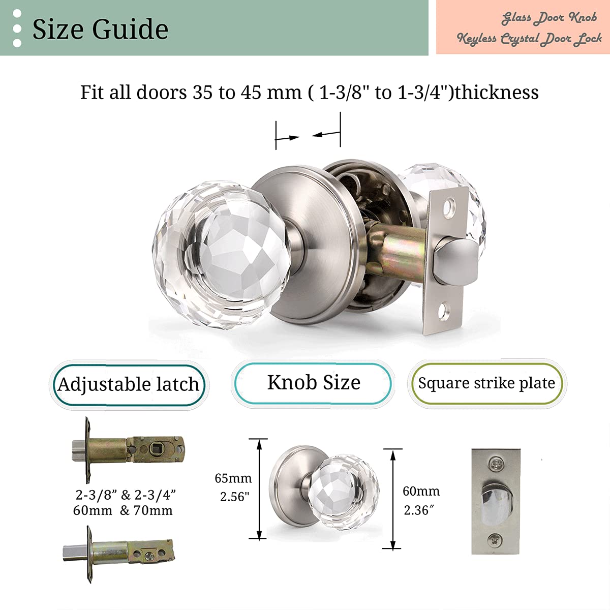 Crystal Style Passage Door Knobs - 2 Pack Satin Nickel Glass Interior Door Handles with Lock for Hall Closet & Bedroom Doors | Elegant Home Decor Upgrade