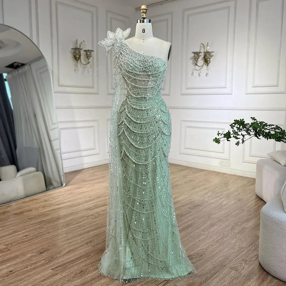 Elegant Sage Green Mermaid One-Shoulder Pearl Embellished Evening Gown for Women - Dubai Arabic Wedding Party Dress LA72511 | Perfect for Bridal Showers, Galas, and Formal Events