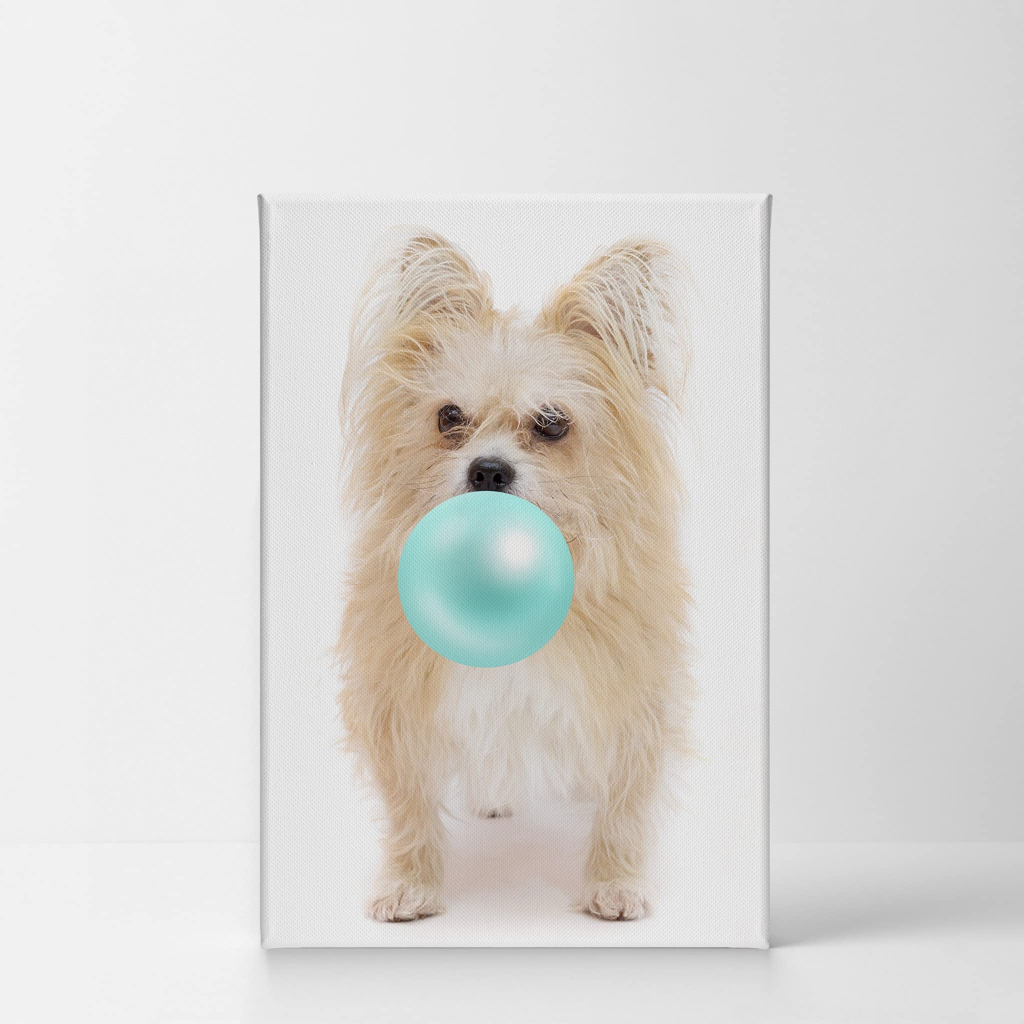 Cute Yorkshire Terrier Dog Bubble Gum Pop Art Canvas Print - Teal Blue Animal Wall Decor for Kids Room, Nursery & Home - Ready to Hang 22x15 Inch - Made in USA | Perfect for Pet Lovers' Gift & Modern Interior Design