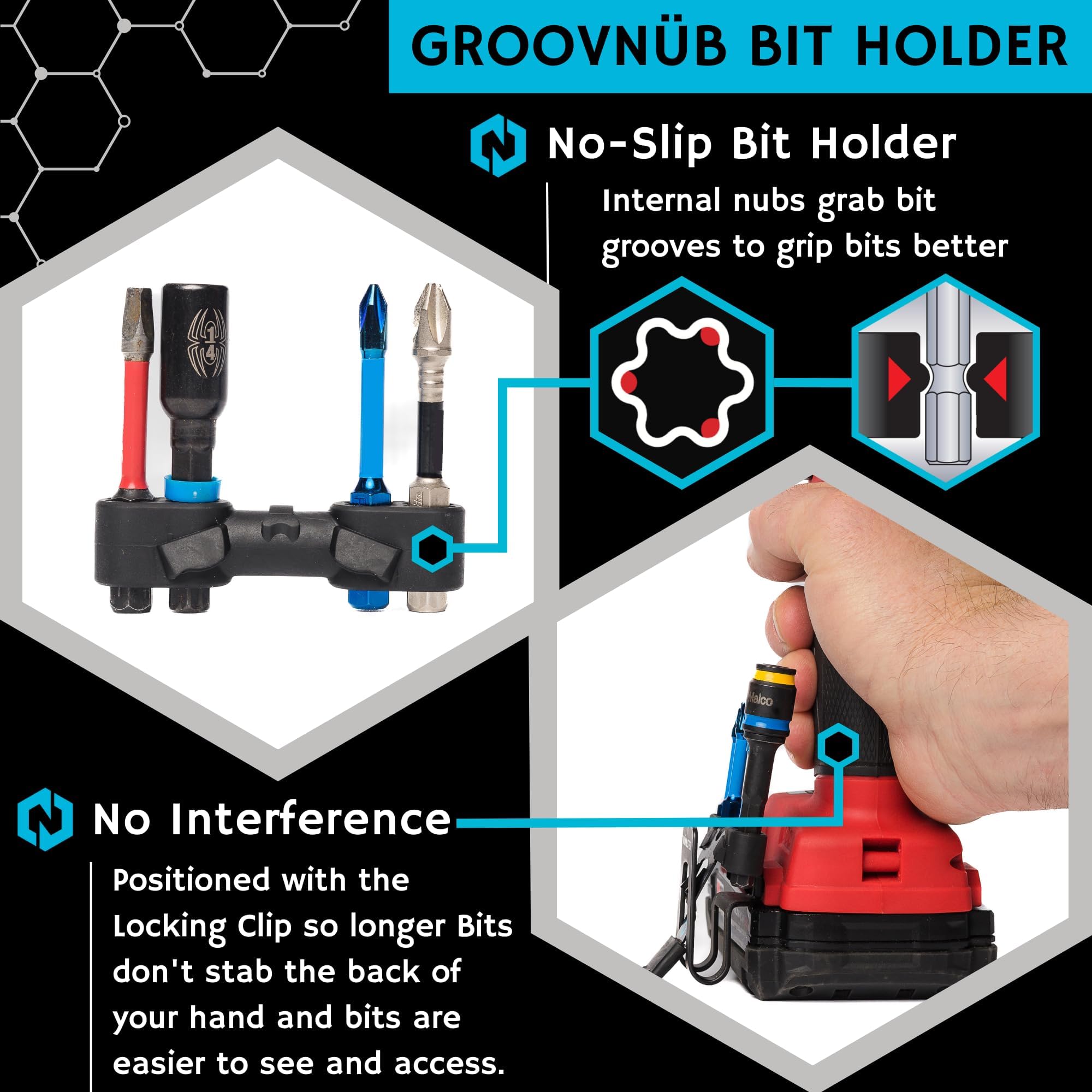 3 Pack Locking Tool Clip for Cordless Drills, Impact Drivers & Finish Nailers - No Holster Needed with Bit Holder Included - Perfect for Construction, Woodworking & DIY Projects