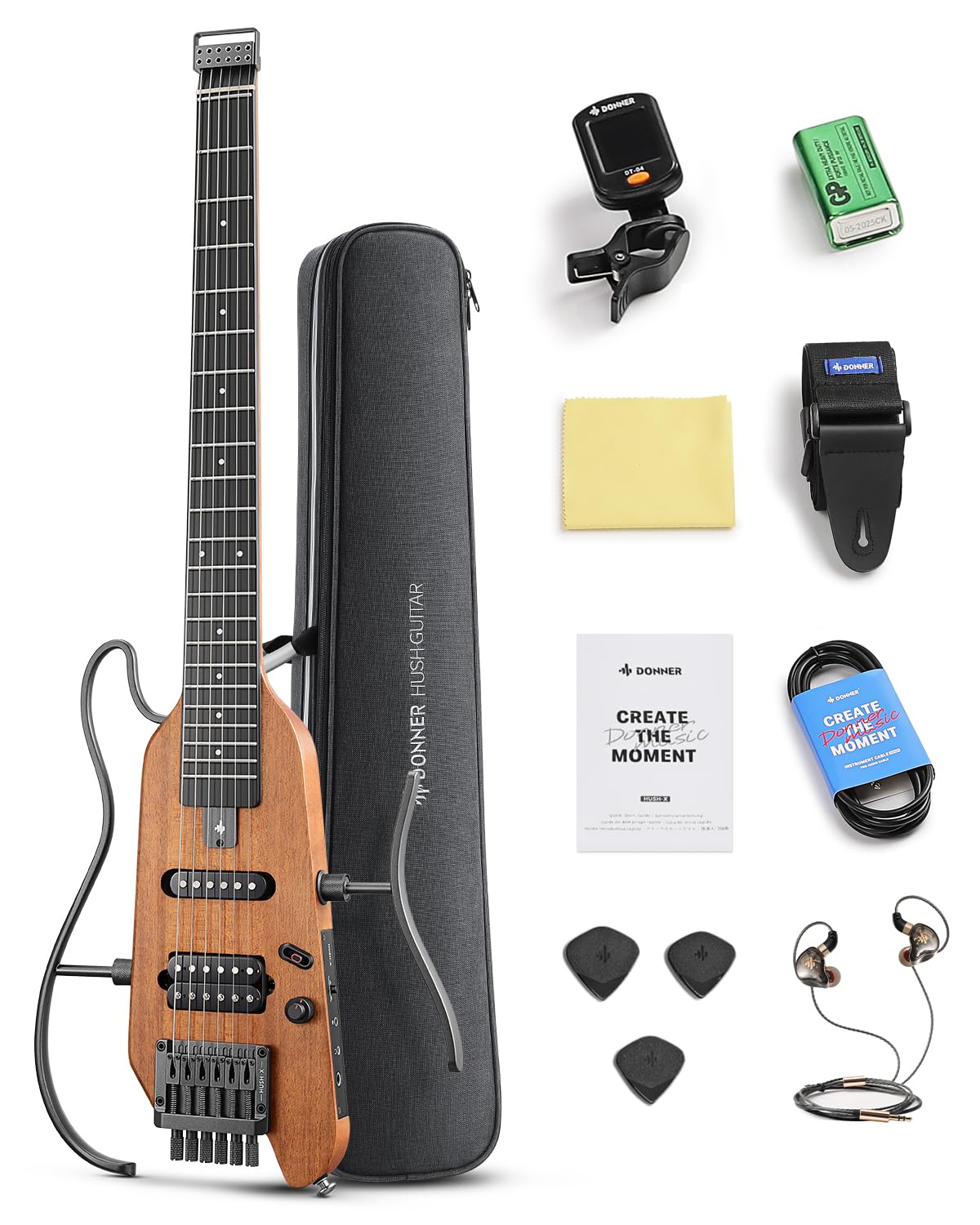Donner HUSH X Electric Guitar Kit - Lightweight Headless Guitar for Travel & Practice, Mahogany Solid Body with Stand, Gig Bag & Accessories | Perfect for Beginners, Home Studio & Live Performances