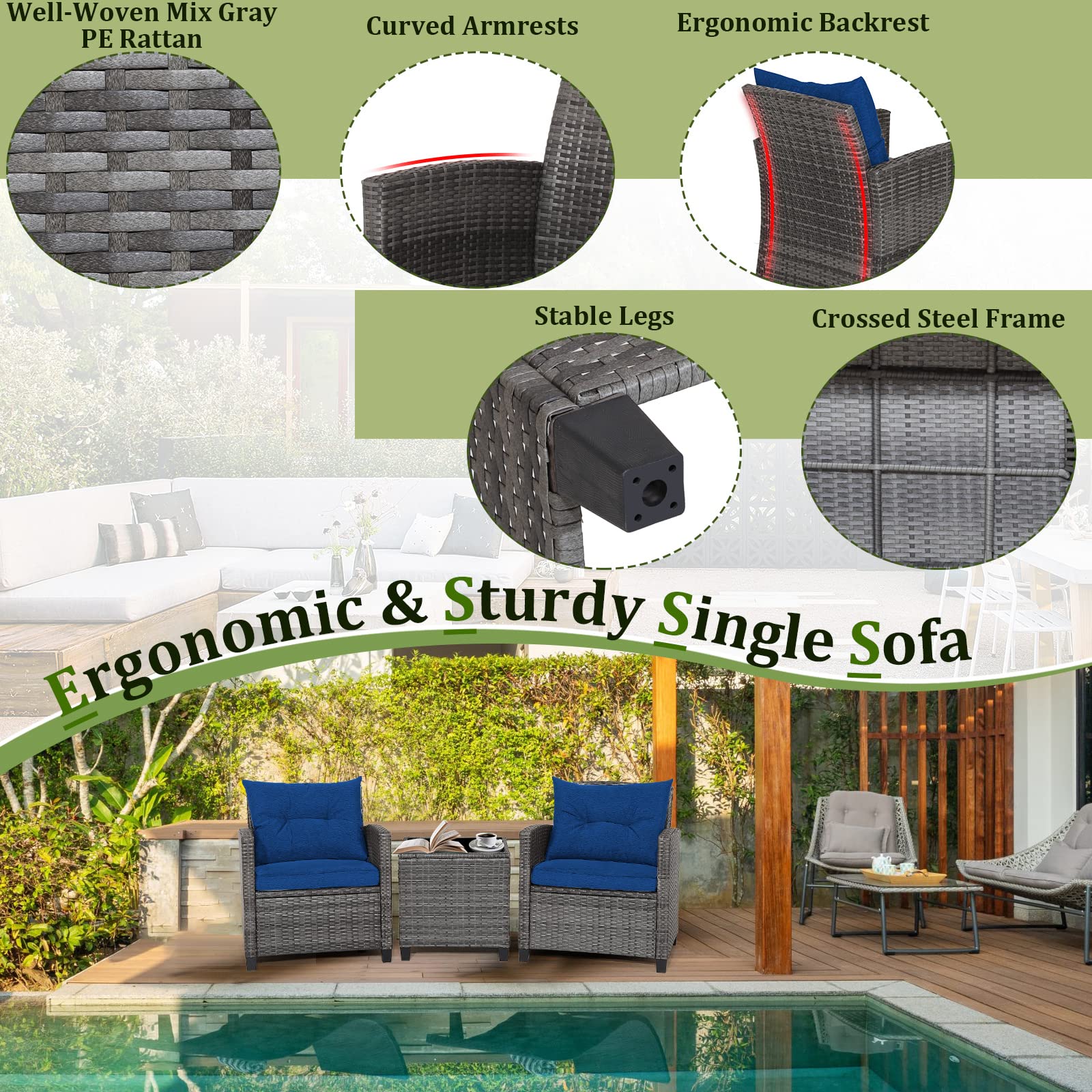 RELAX4LIFE 3-Piece Wicker Patio Furniture Set - Outdoor Rattan Sofa Conversation Set with Tempered Glass Table & Heavy-Duty Steel Frame - Navy Blue Wicker Chair Set for Poolside, Backyard, Garden, Patio & Outdoor Relaxation