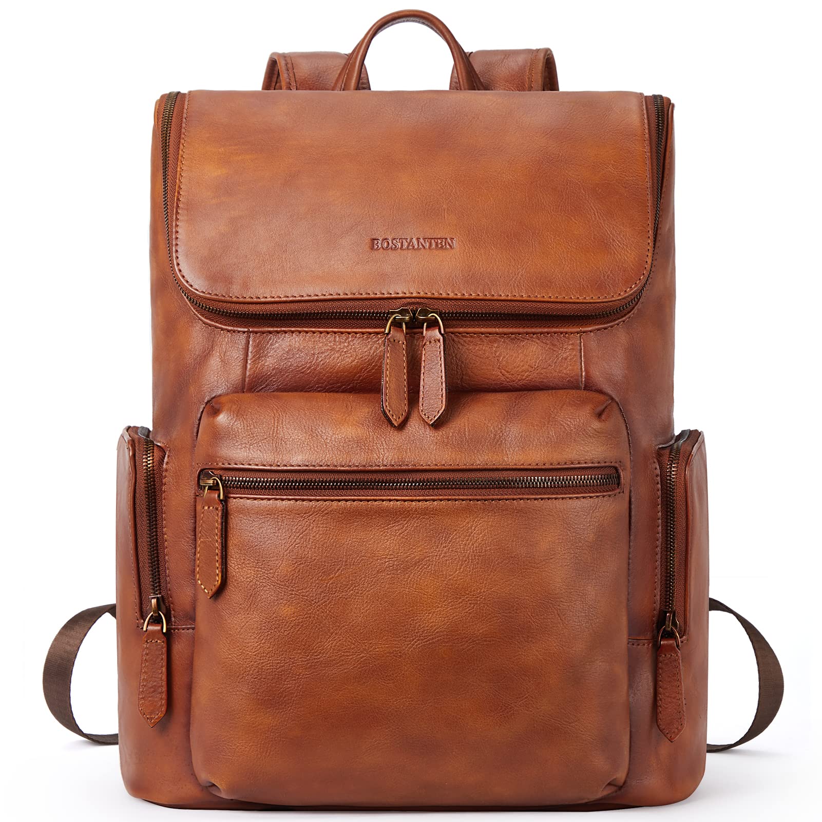 BOSTANTEN Vintage Leather Backpack for Men - 15.6 Inch Laptop Backpack, Large Capacity Travel & Office Shoulder Bag (Red Brown) - Perfect for Business, Commuting & College Use
