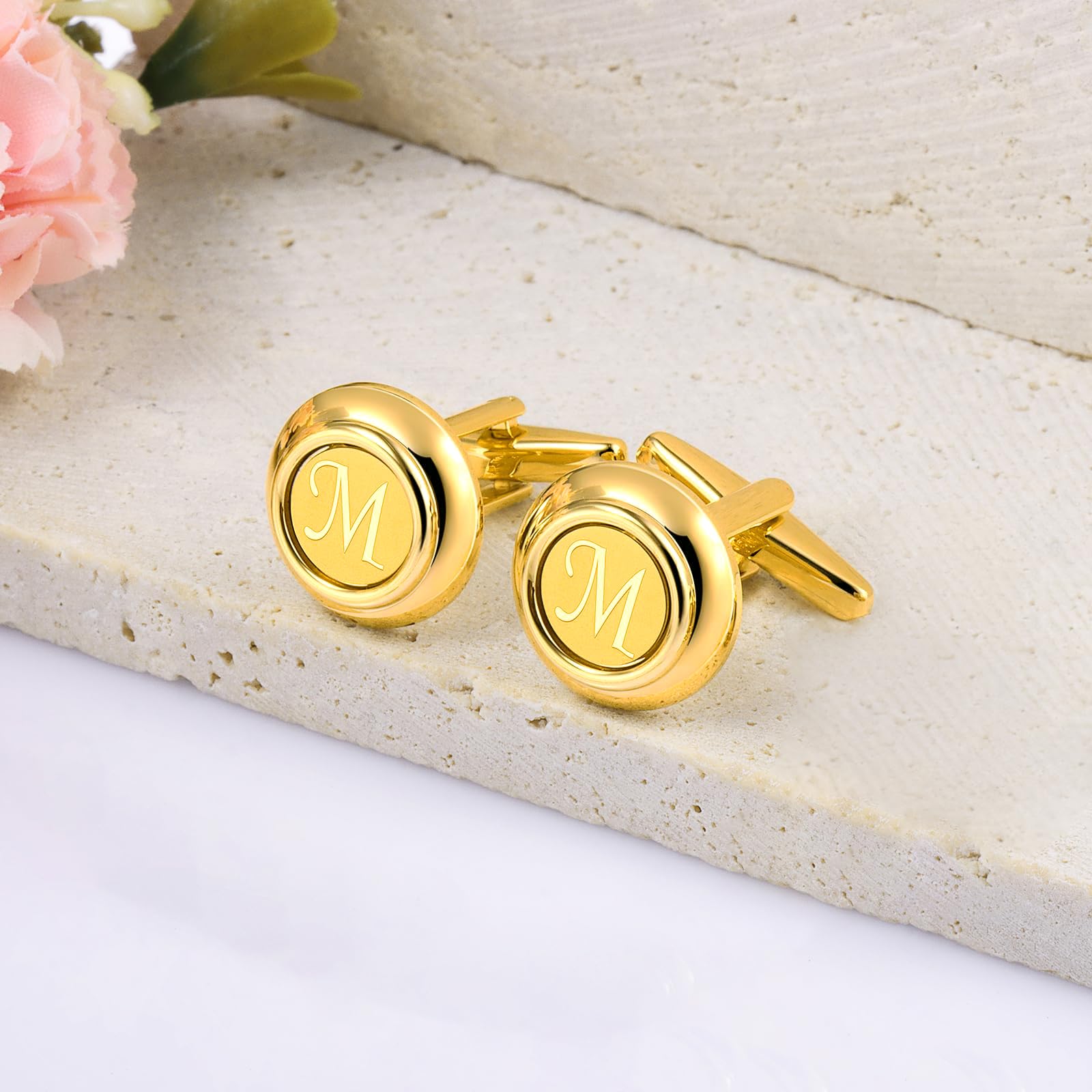 HAWSON 2 Inch Gold Engraved A-Z Letter Cufflinks & Tie Clip Set for Men - Formal Business Attire, Wedding Gifts, Office Wear & Special Occasions