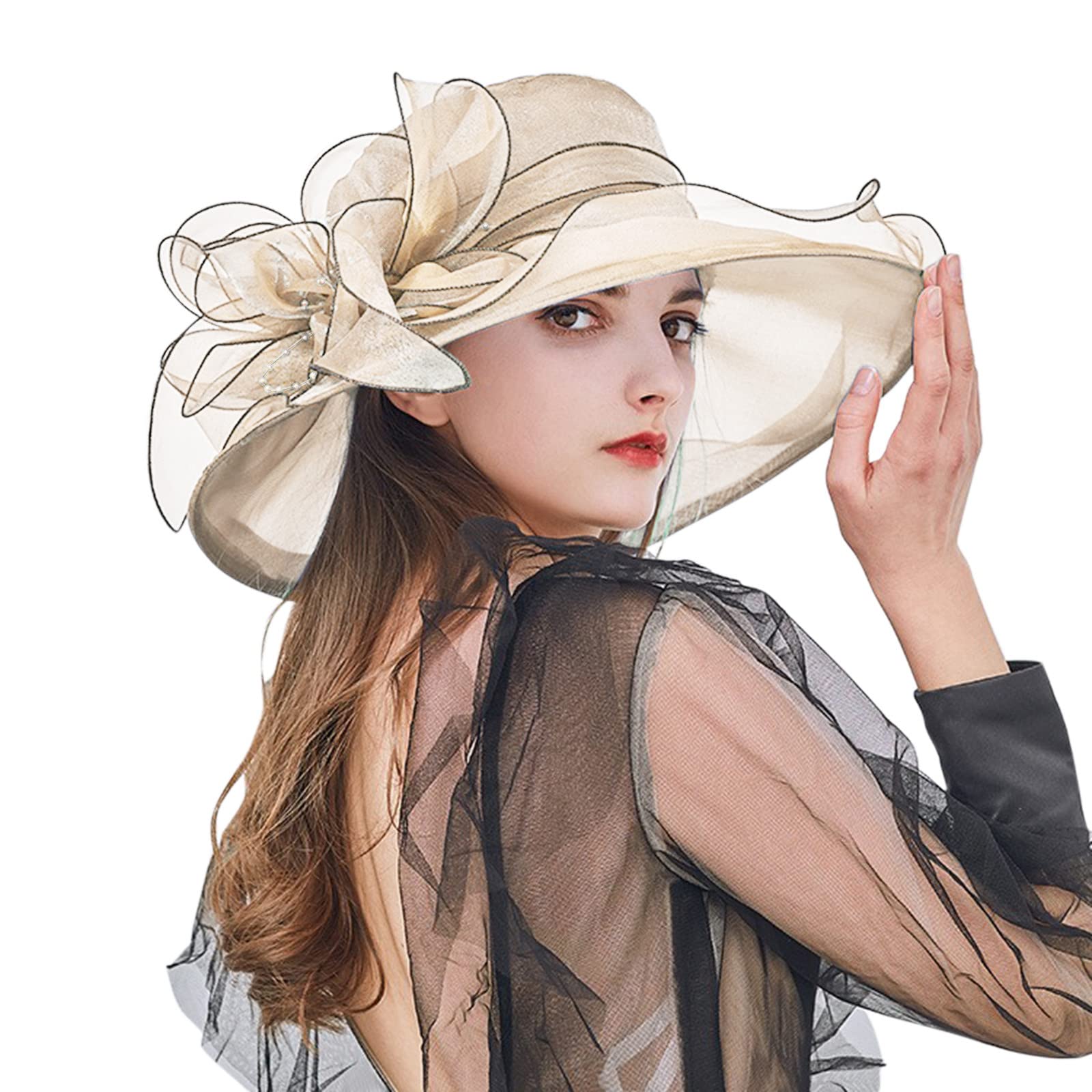 Women's Wide Brim Sun Hat with Flower Design - Summer Beach Hat for Bridal Shower, Outdoor Activities & UV Protection