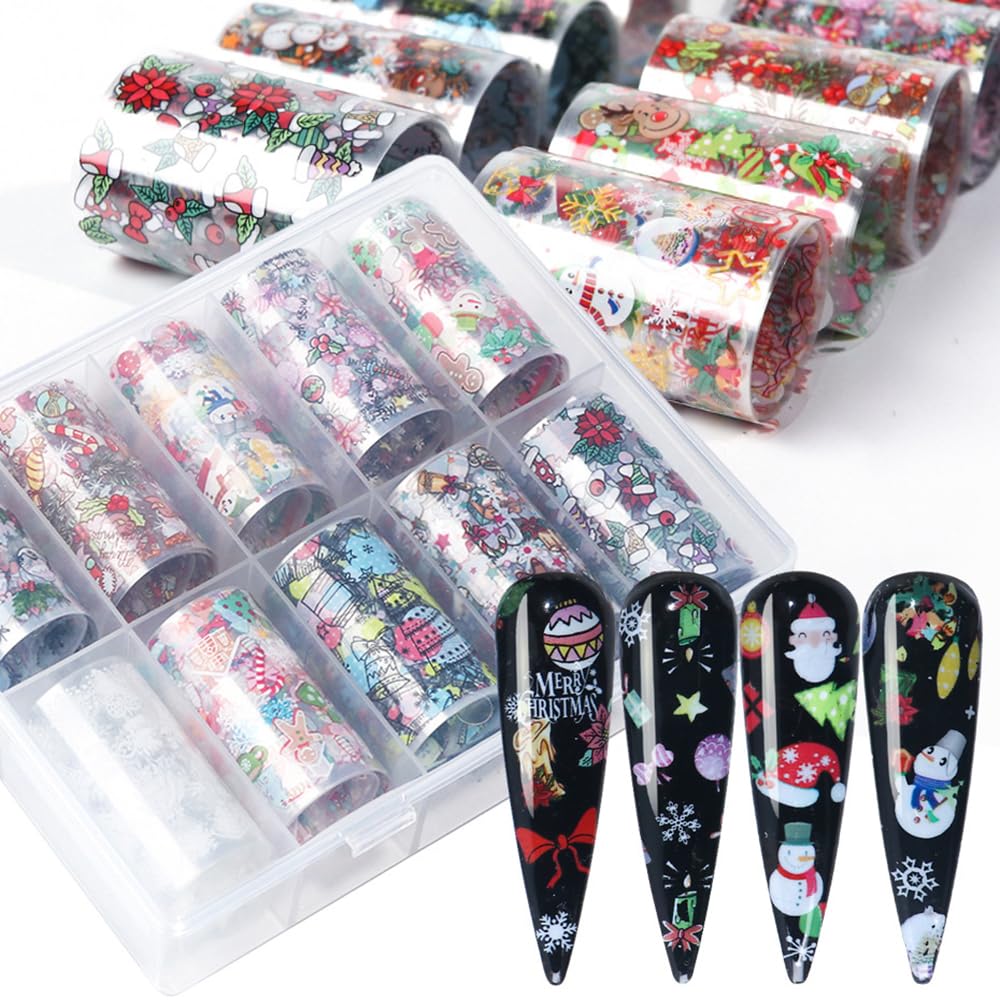 10 Sheets Christmas Nail Art Foils Transfer Stickers - Winter Snowflake, Xmas Tree & Snowman Nail Decals for Women, Girls DIY Manicure | Perfect for Holiday Parties, Gift Giving & Festive Nail Designs