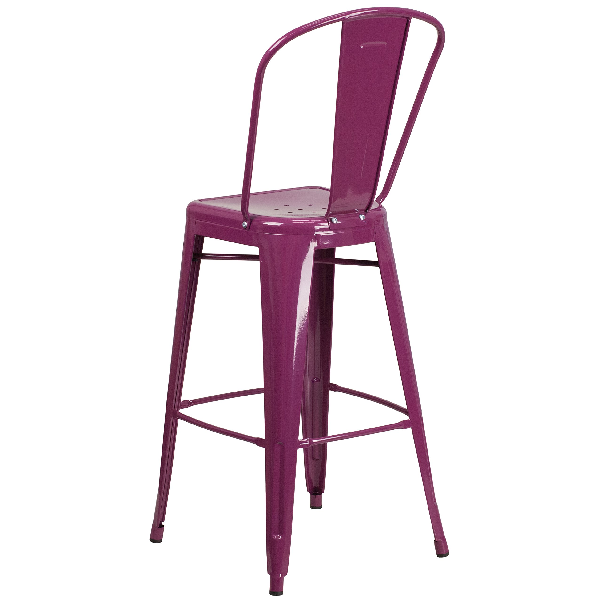 EMMA + OLIVER 30 Inch Commercial Grade Purple Metal Bar Stool with Back - Indoor Outdoor Use for Kitchen Island, Bar Counter & Patio