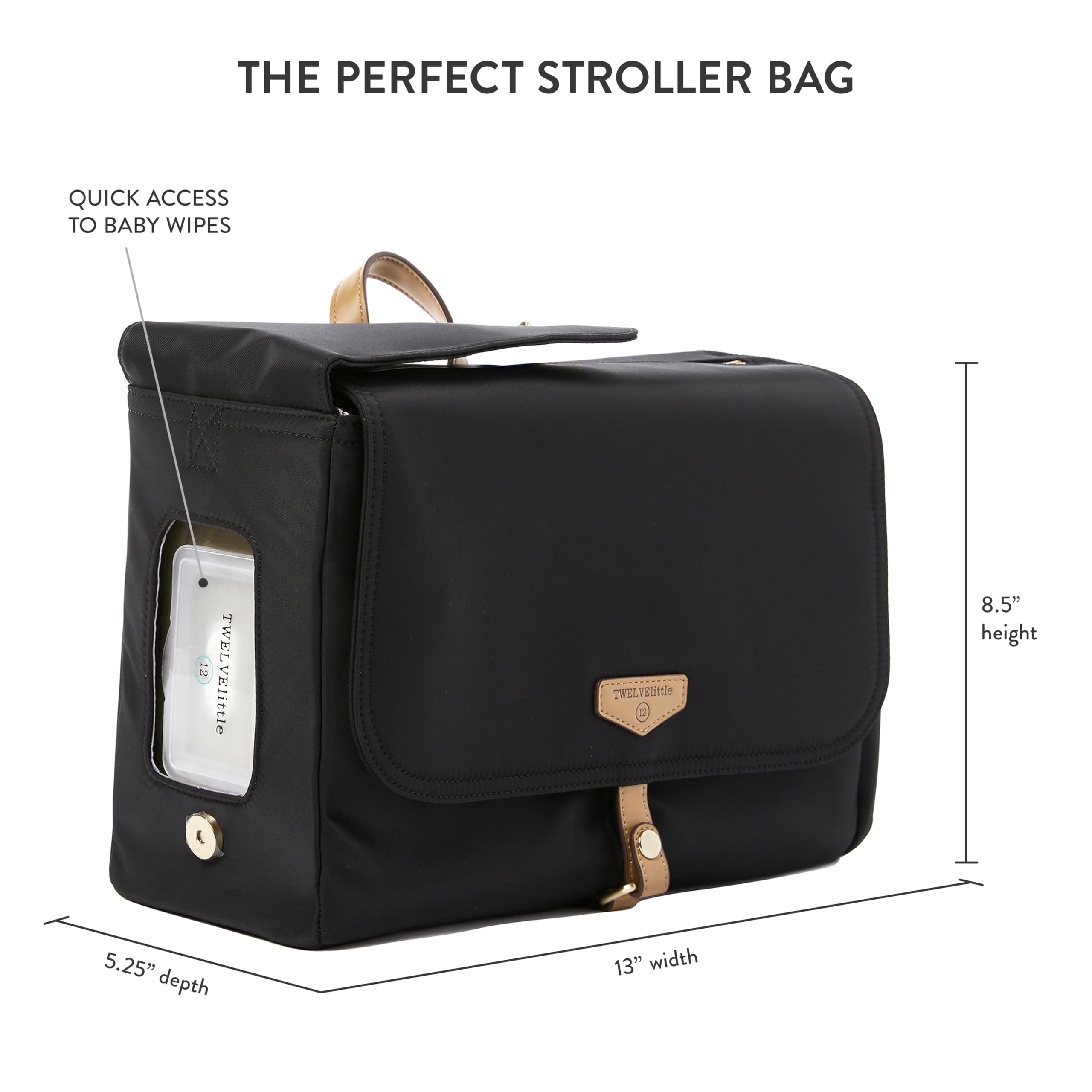 TWELVElittle On-The-Go Stroller Caddy 3.0 - Lightweight Travel Diaper Bag with Stroller Clips & Changing Pad - Perfect for Parents, Baby Essentials Organizer - Black Tan - Ideal for Daycare, Park Outings & Family Travel
