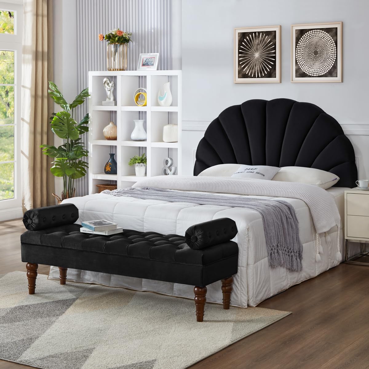 24K Gold Stunning Crown Design Queen Size Upholstered Headboard - Soft Velvet Petal Pattern for Full/Queen Bed - Luxury Bedroom Decor for Master Bedroom & Guest Room