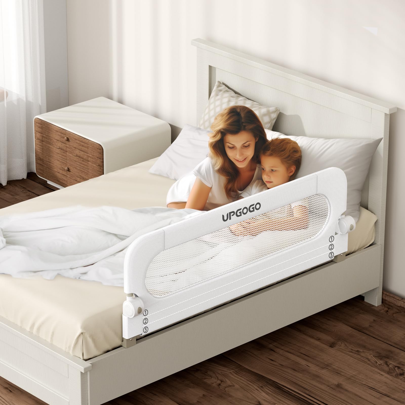 **Foldable Toddler Bed Rail - Safety Baby Bed Guard with Reinforced Anchor System - Fits Twin, Full, Queen & King Beds (White, 43