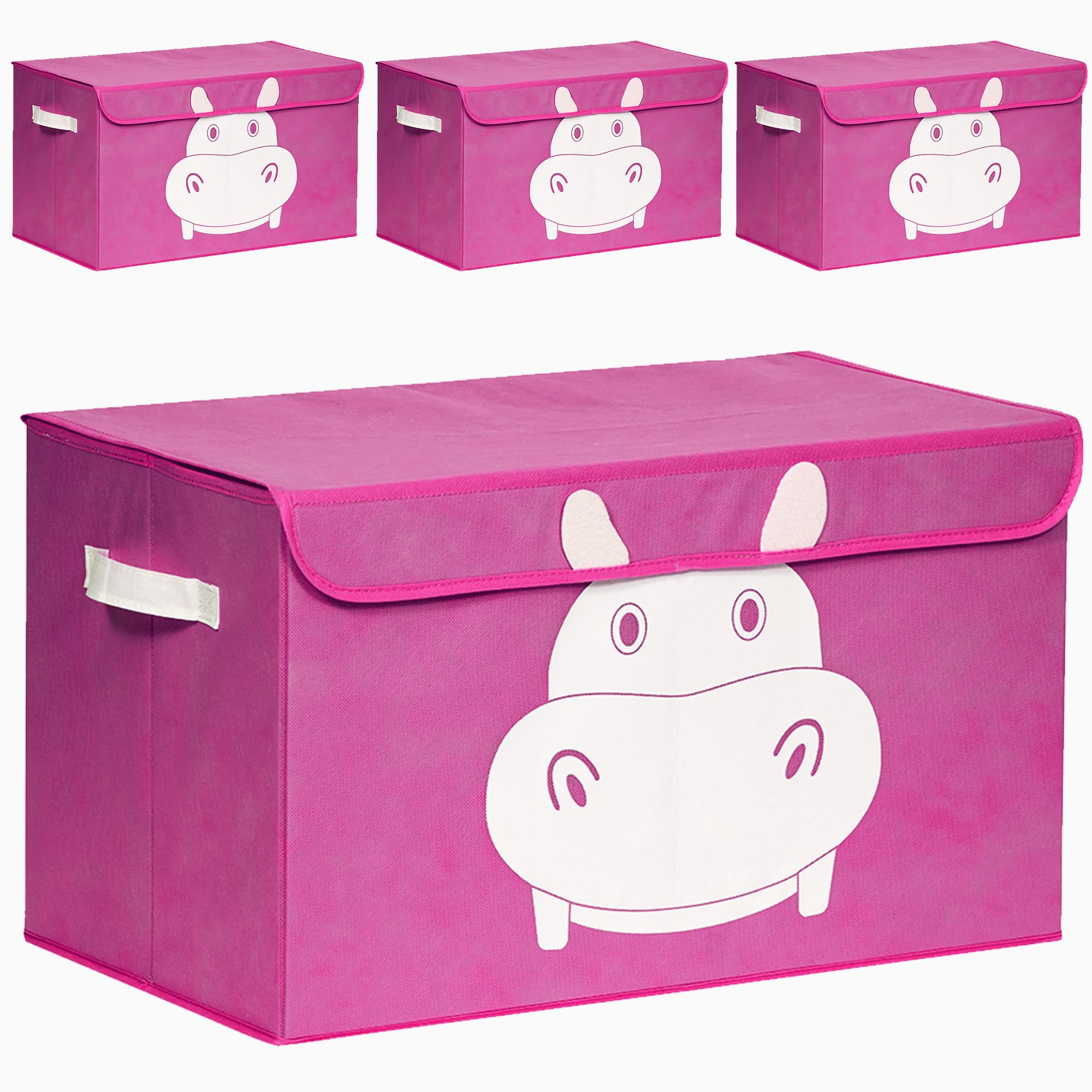 QUOKKA 4-Piece Hippo Toy Storage Box Set for Kids - Foldable Fabric Toy Organizer with Handles & Flip Top Lids (16