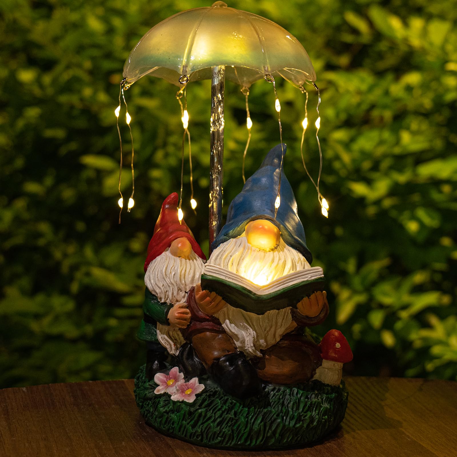 Solar Powered Garden Gnomes Statues - Outdoor Decor Resin Figurines with Umbrella Fireworks Lights - Perfect for Lawn, Patio, Backyard & Garden Decoration