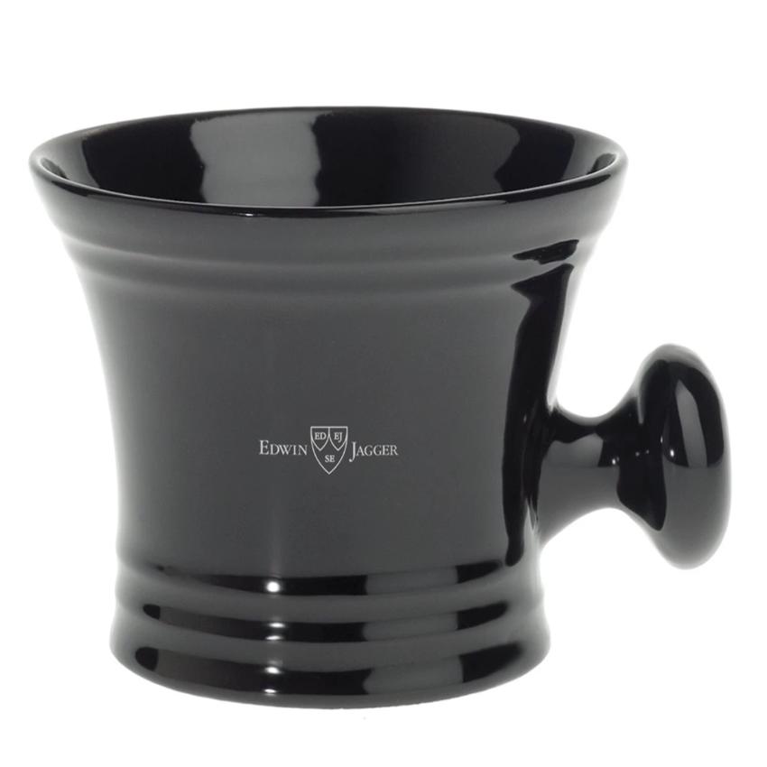 Edwin Jagger Black Porcelain Shaving Soap Bowl with Handle - Premium Shaving Accessory for Wet Shaving & Grooming Rituals at Home