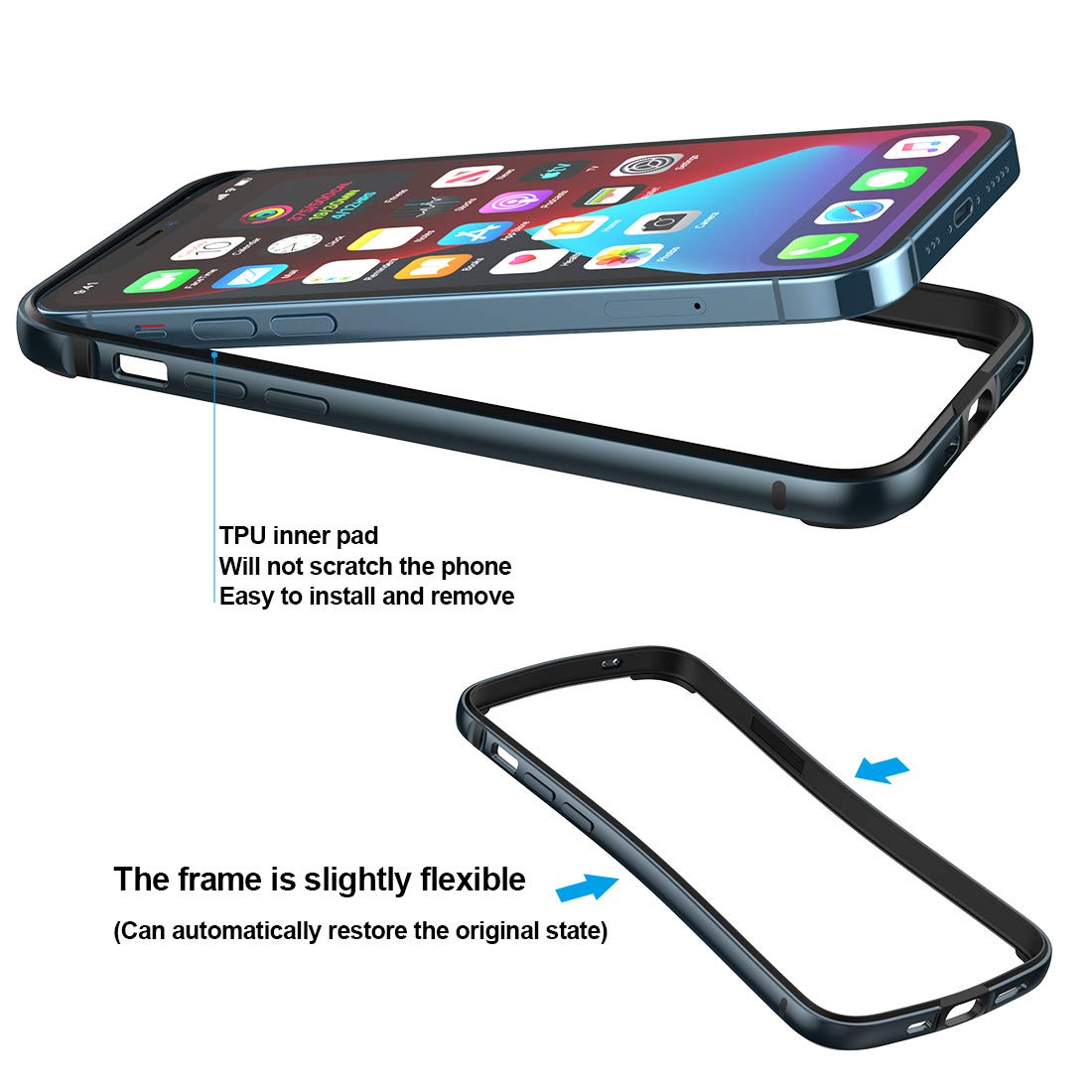 Eastcoo Slim Metal Bumper Case for iPhone 12/12 Pro - Shockproof Protective Cover with Soft TPU Inner Layer | No Signal Interference | Wireless Charging Compatible | Durable & Stylish Blue Design | Perfect for Daily Use, Work & Outdoor Activities